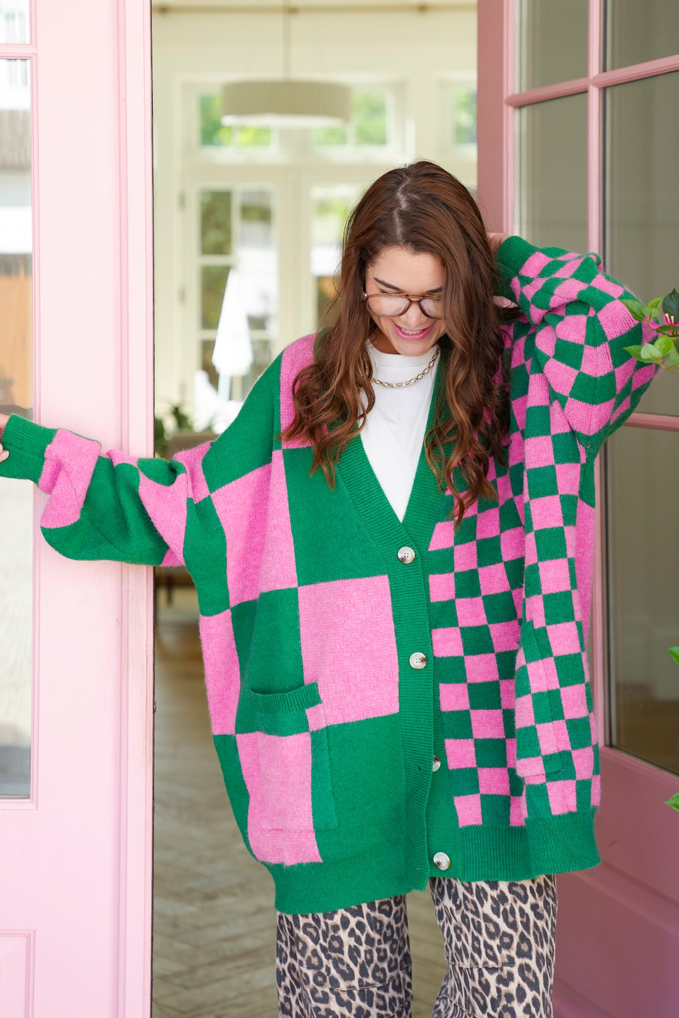 Checkered Long Sleeve Button Down Cardigan
