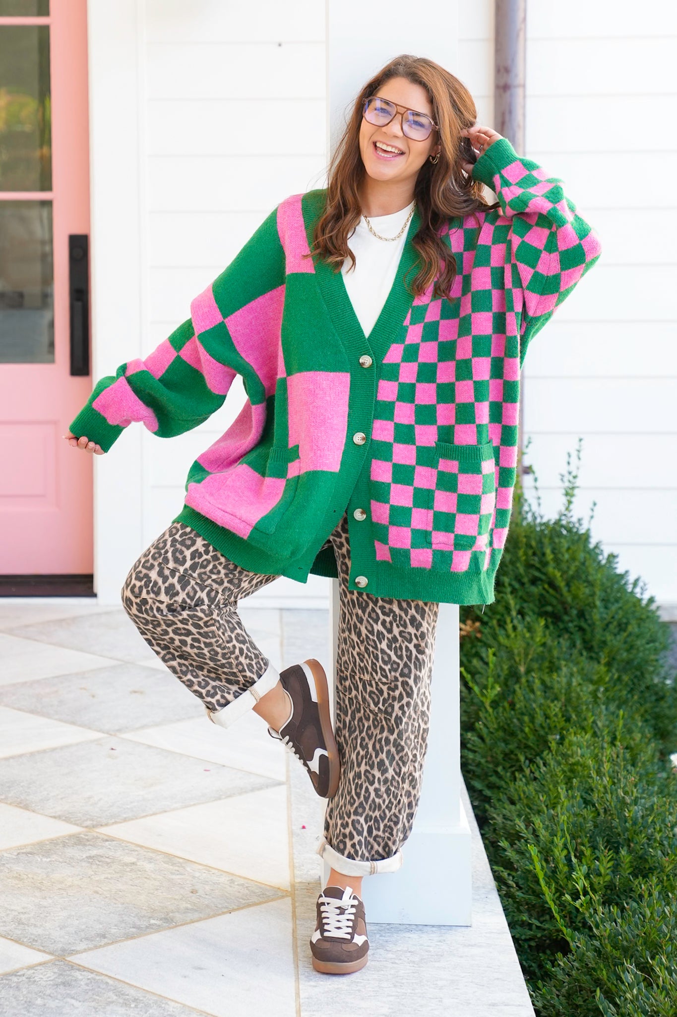 Checkered Long Sleeve Button Down Cardigan