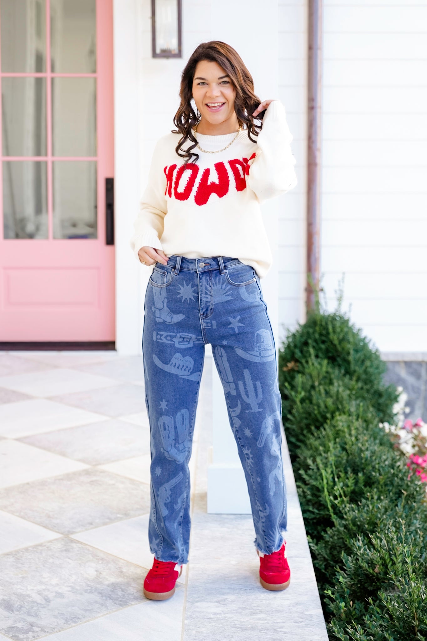 Medium Wash High Rise Western Print Jeans