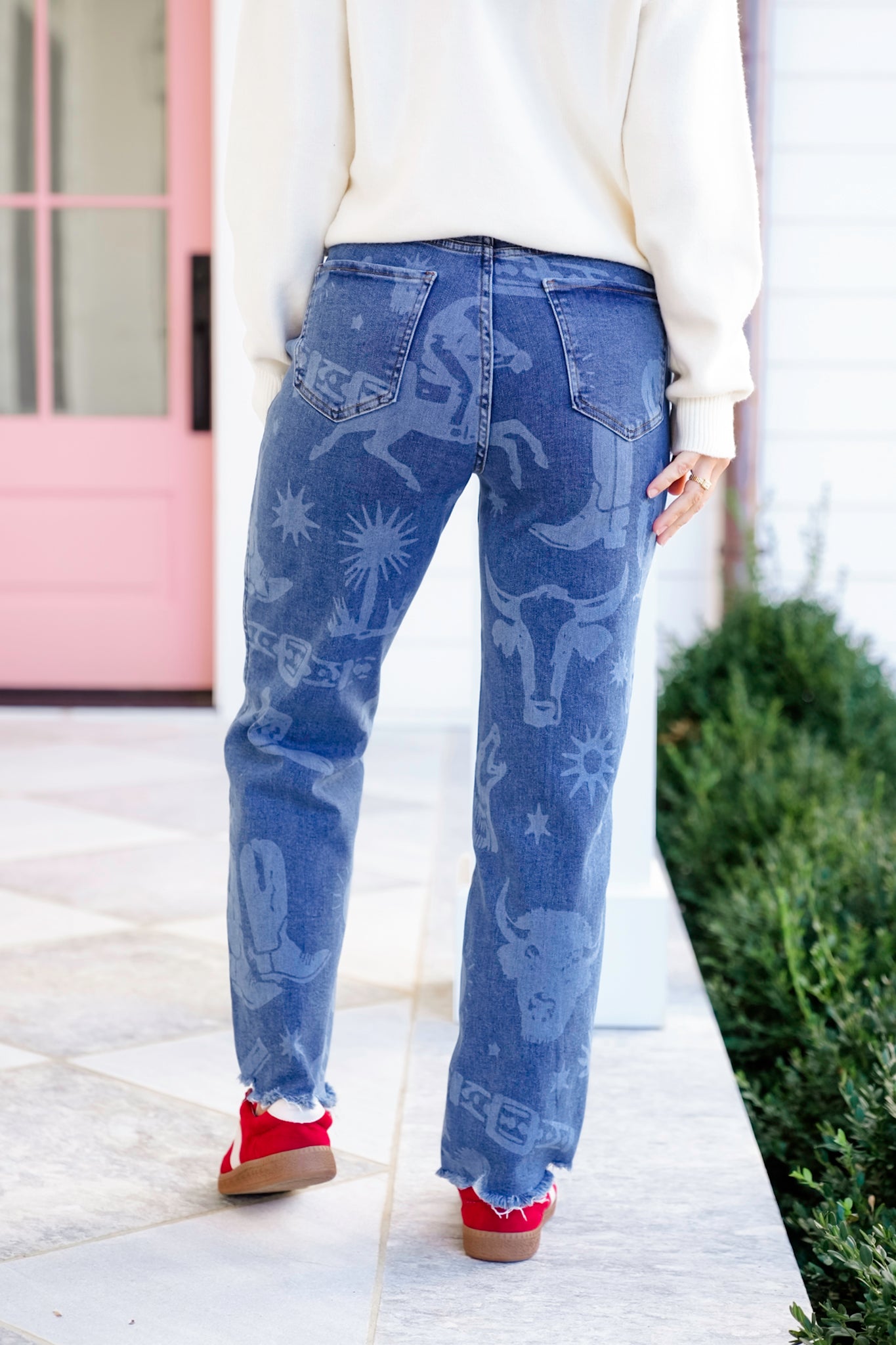 Medium Wash High Rise Western Print Jeans