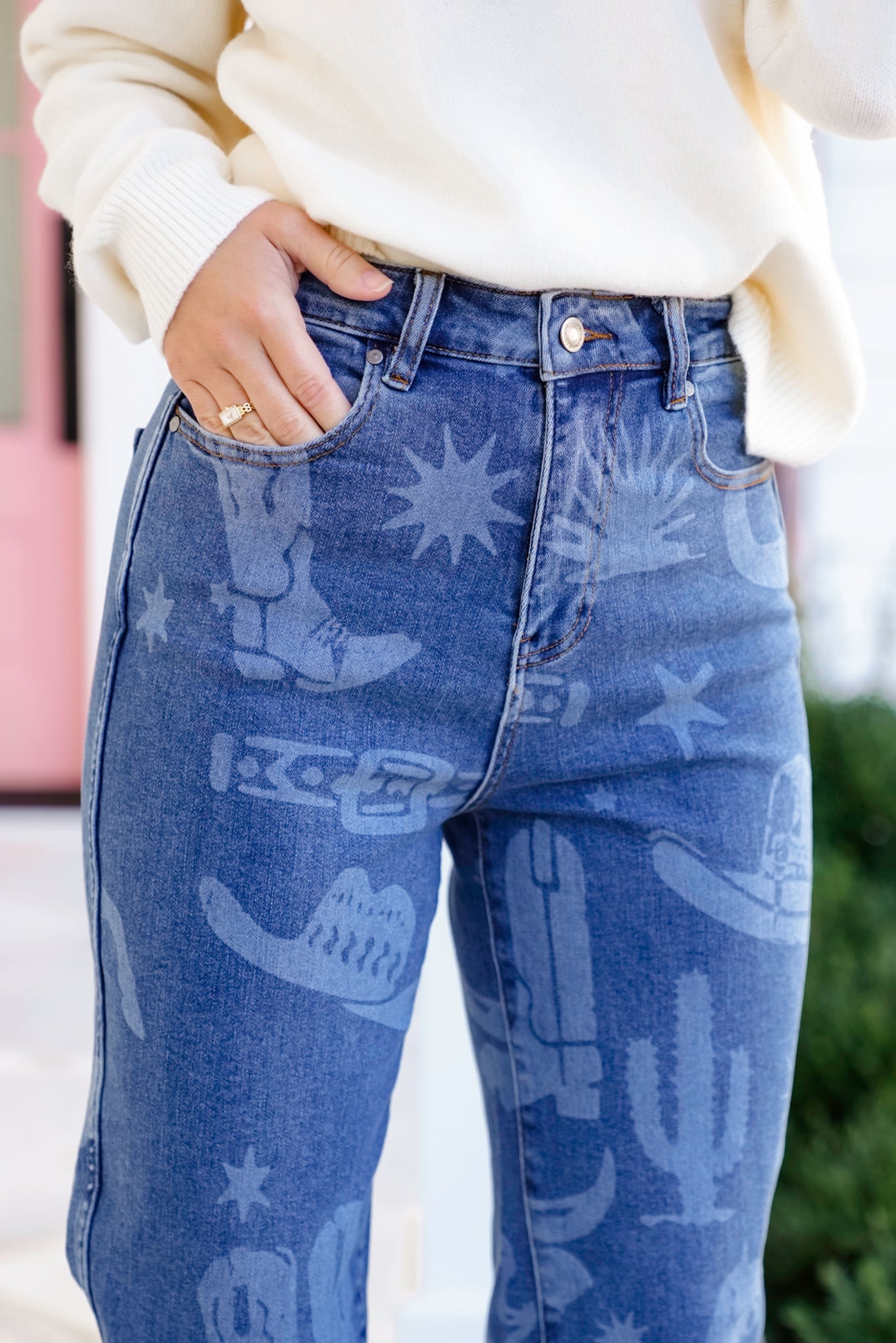 Medium Wash High Rise Western Print Jeans