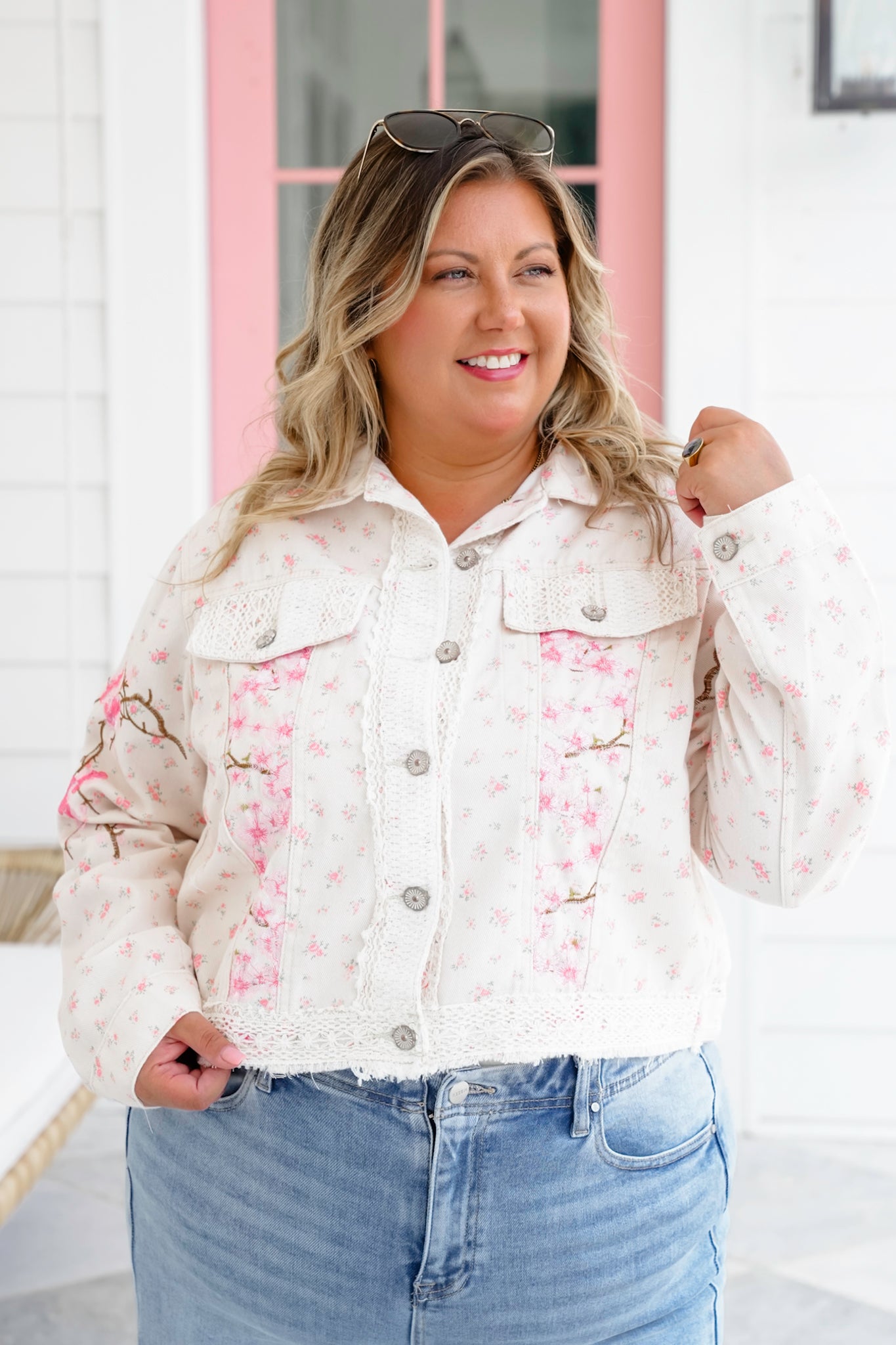 POL Floral Twill Jacket with Lace Detail