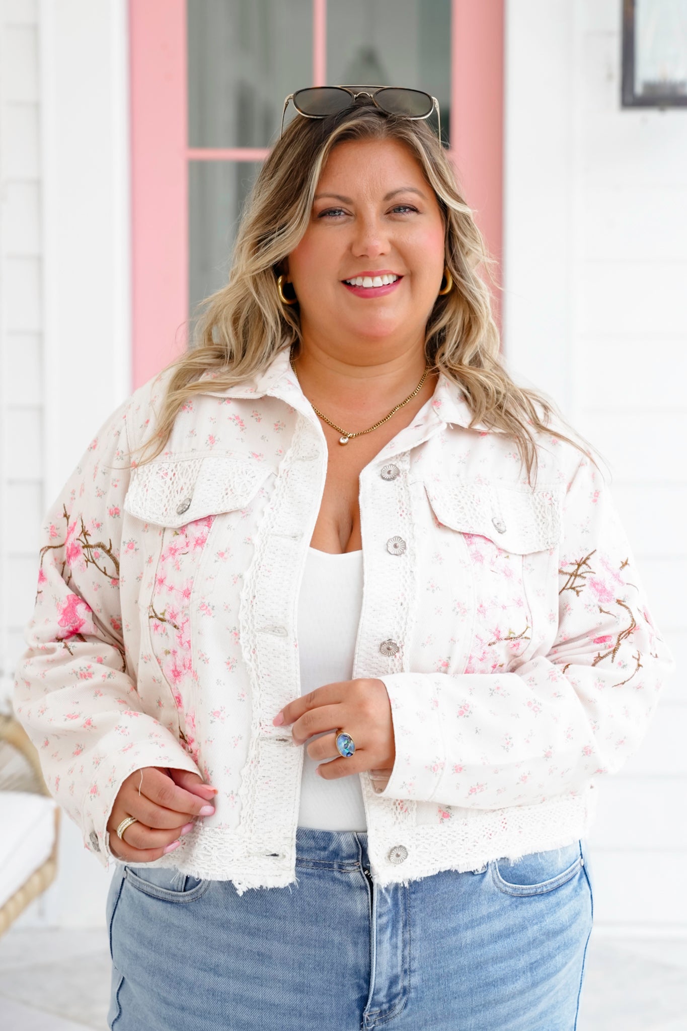 POL Floral Twill Jacket with Lace Detail