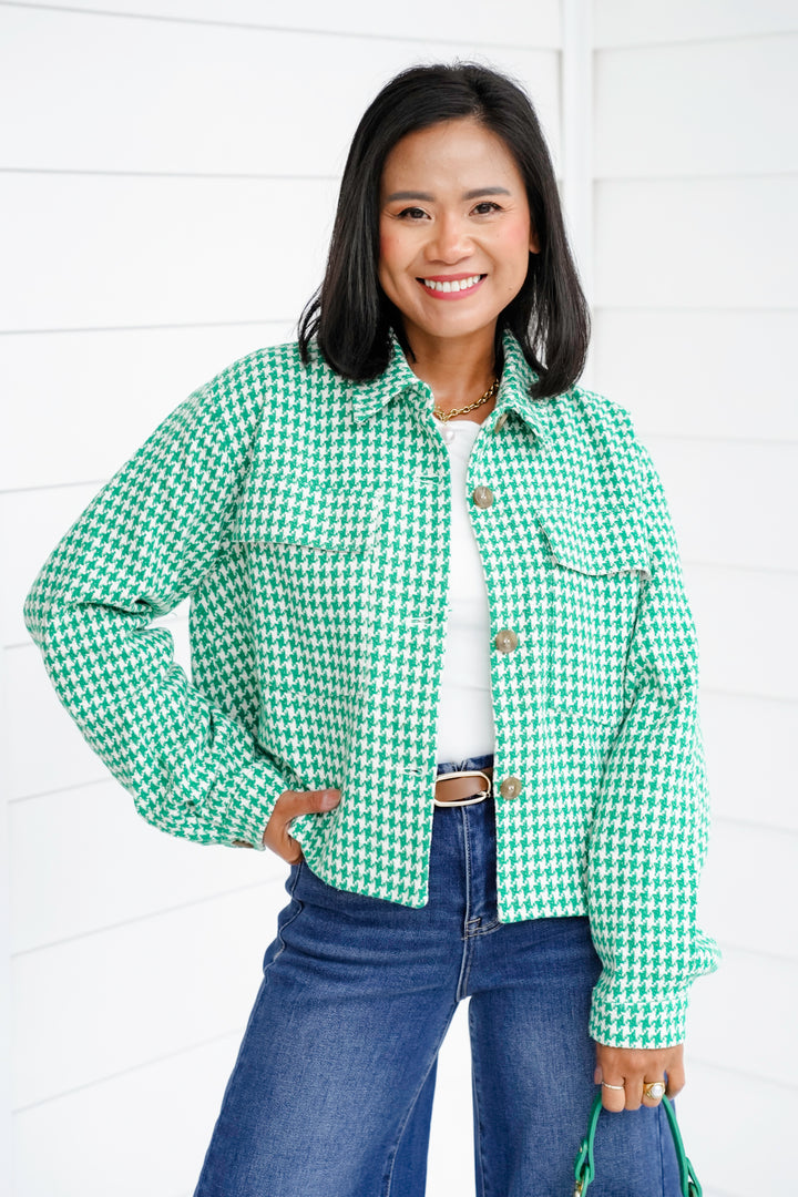 Green Long Sleeve Tweed Button Up Jacket