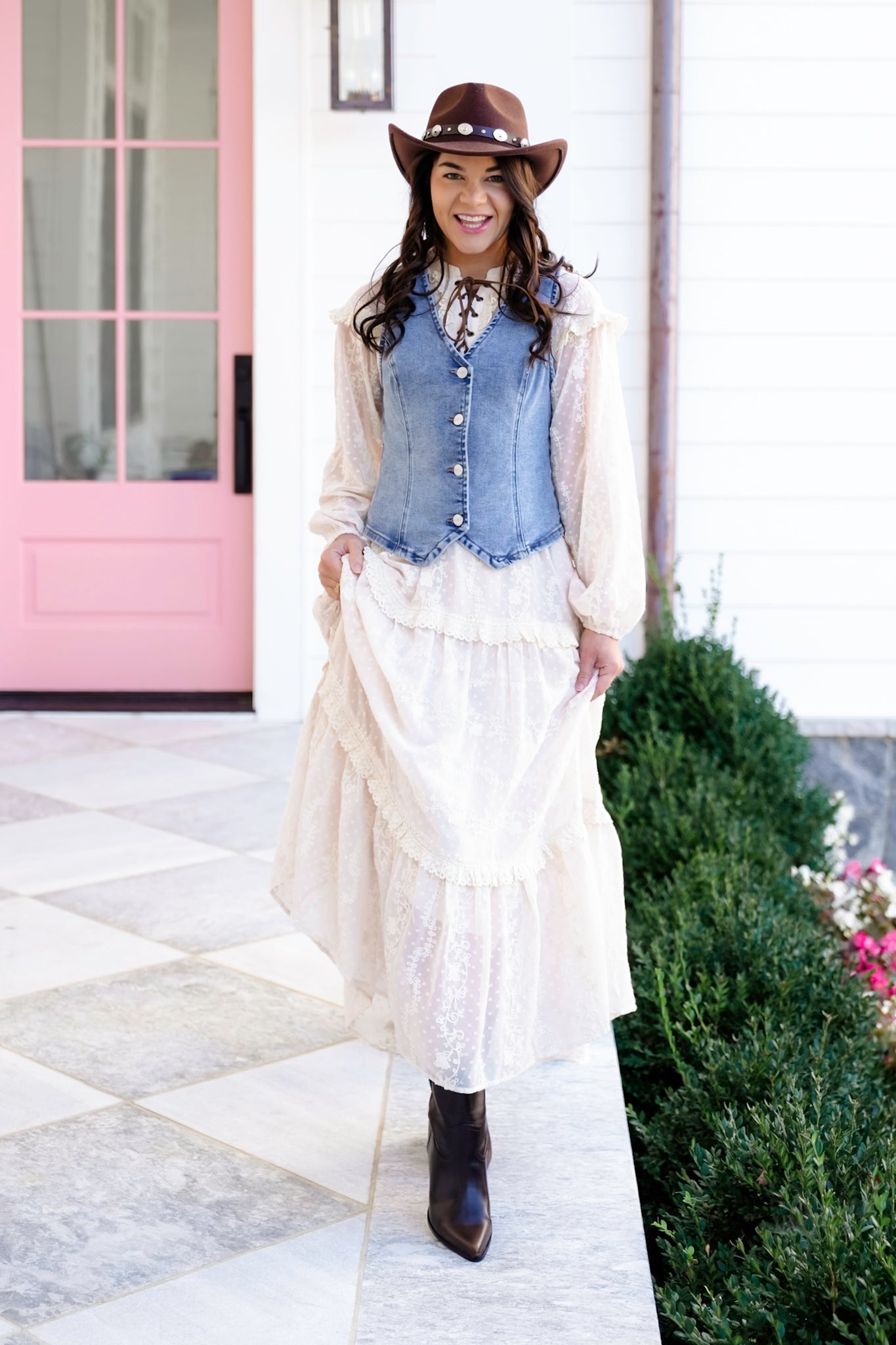 Lace Long Sleeve Lace Up Ruffle Maxi Dress