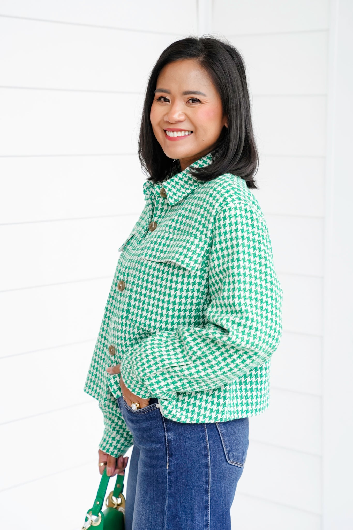 Green Long Sleeve Tweed Button Up Jacket