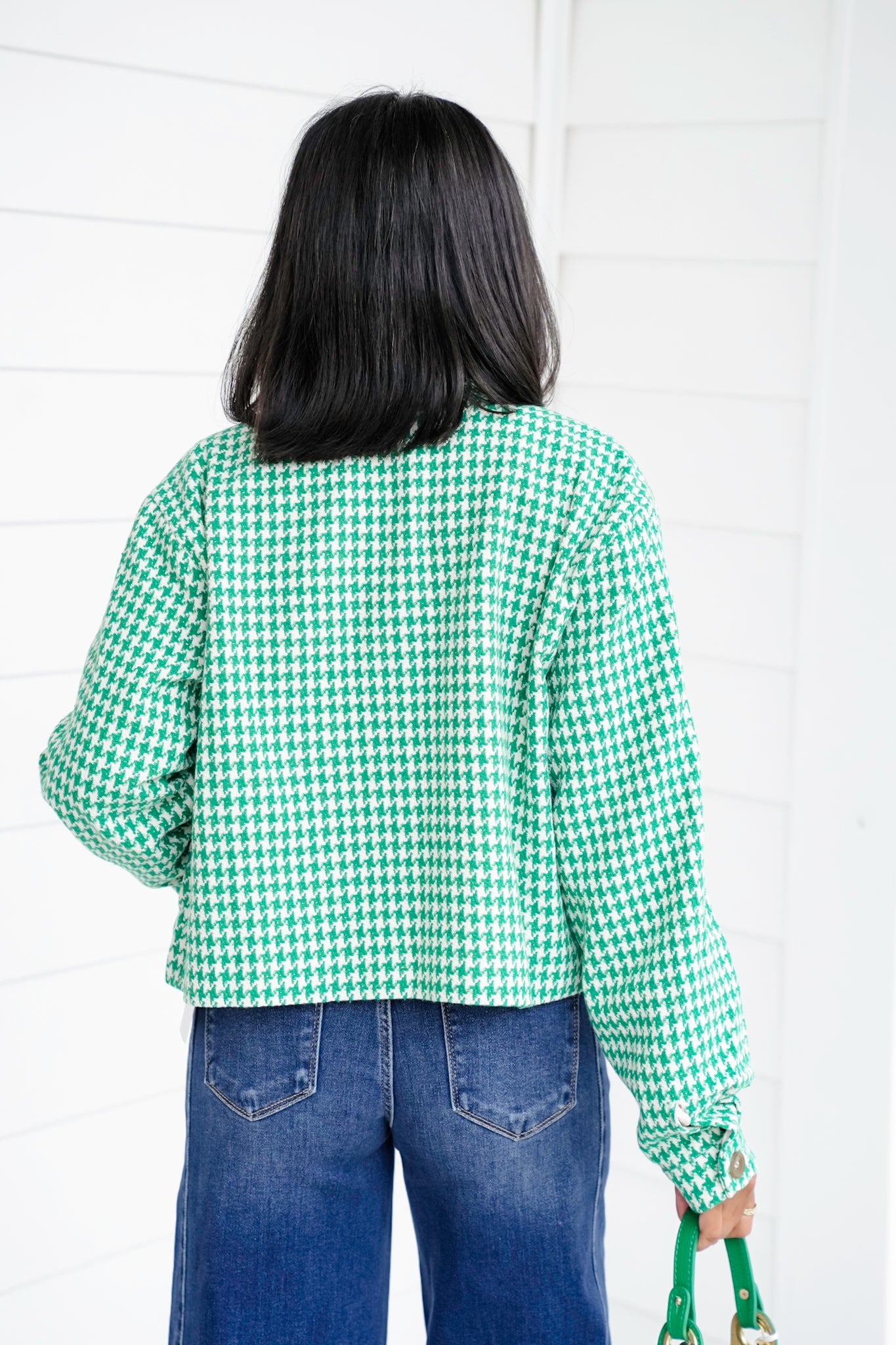 Green Long Sleeve Tweed Button Up Jacket