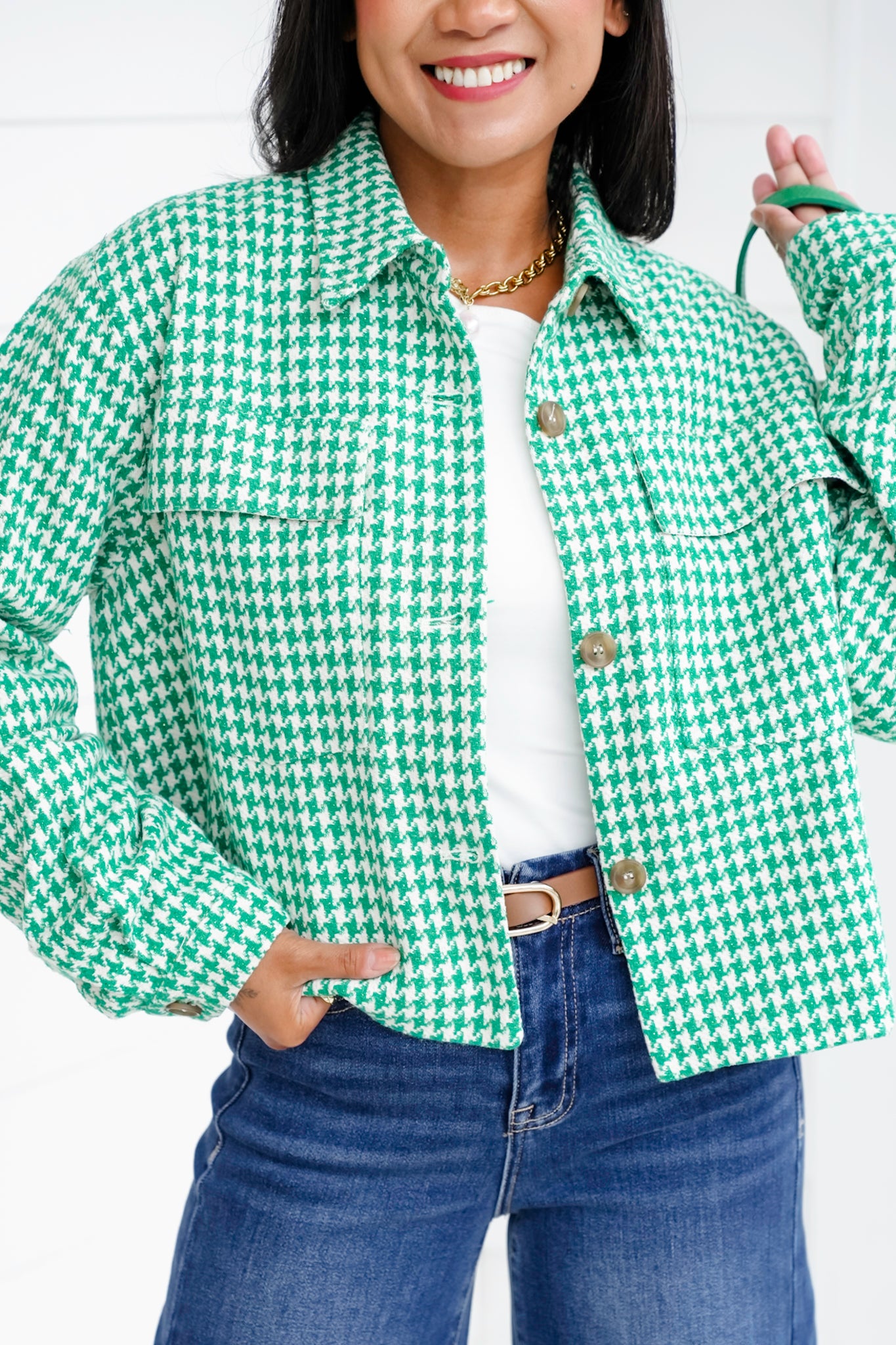 Green Long Sleeve Tweed Button Up Jacket