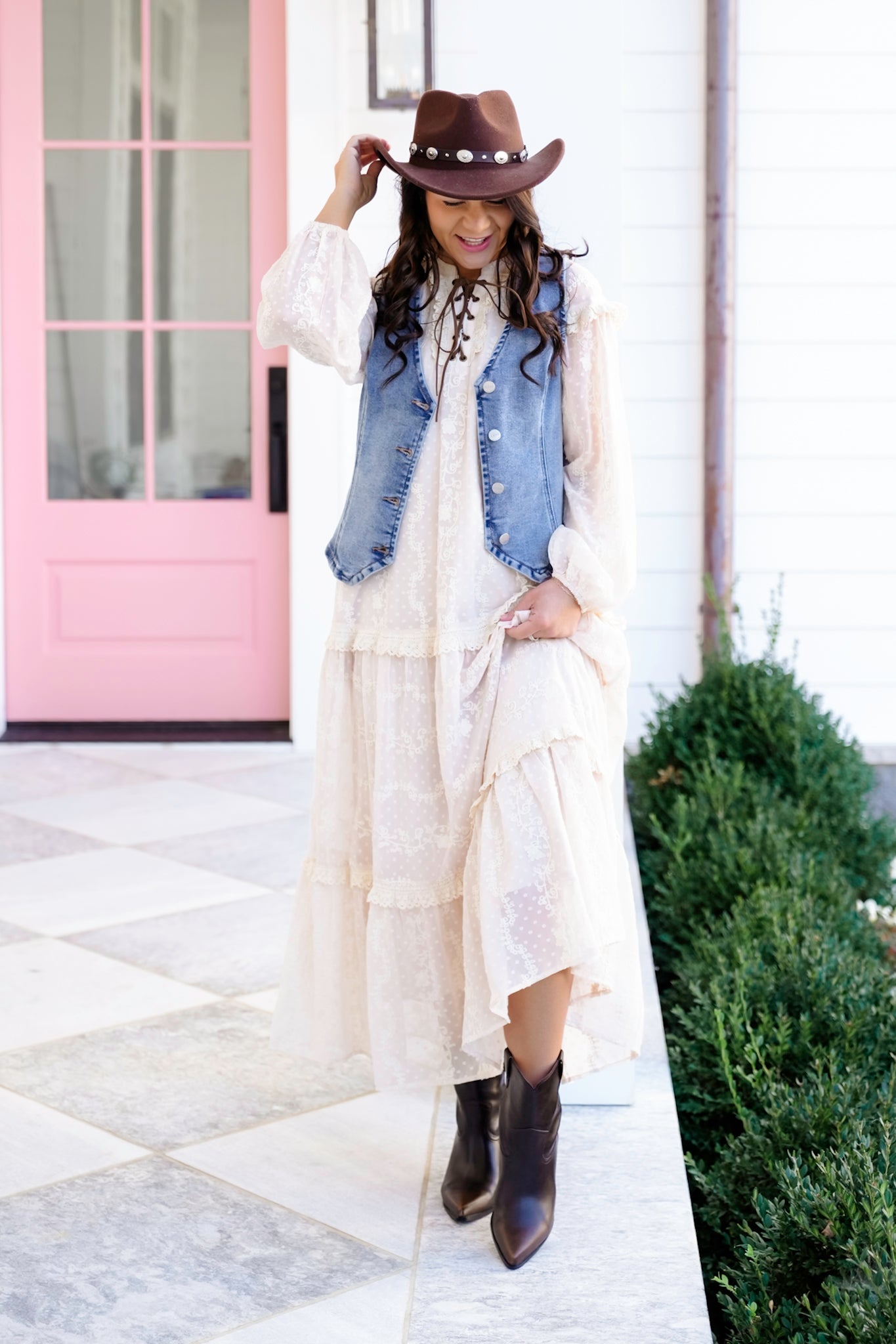 Lace Long Sleeve Lace Up Ruffle Maxi Dress