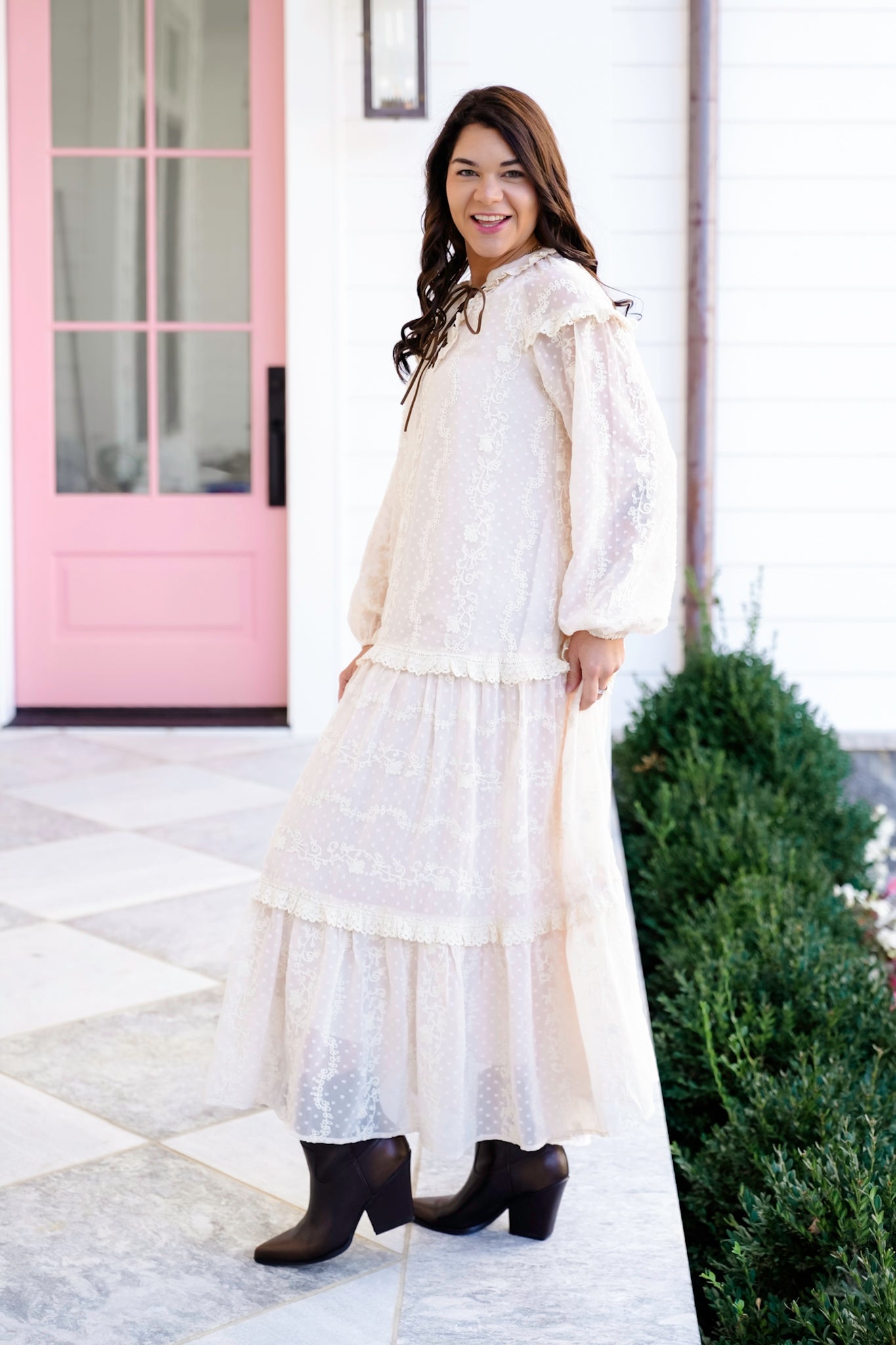 Lace Long Sleeve Lace Up Ruffle Maxi Dress