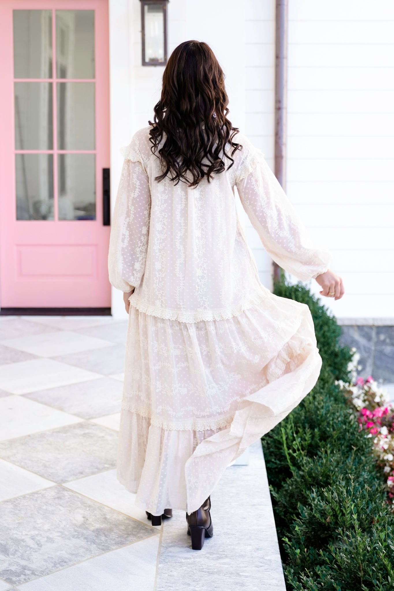 Lace Long Sleeve Lace Up Ruffle Maxi Dress