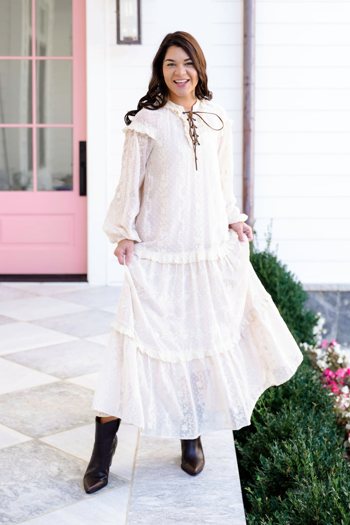 Lace Long Sleeve Lace Up Ruffle Maxi Dress