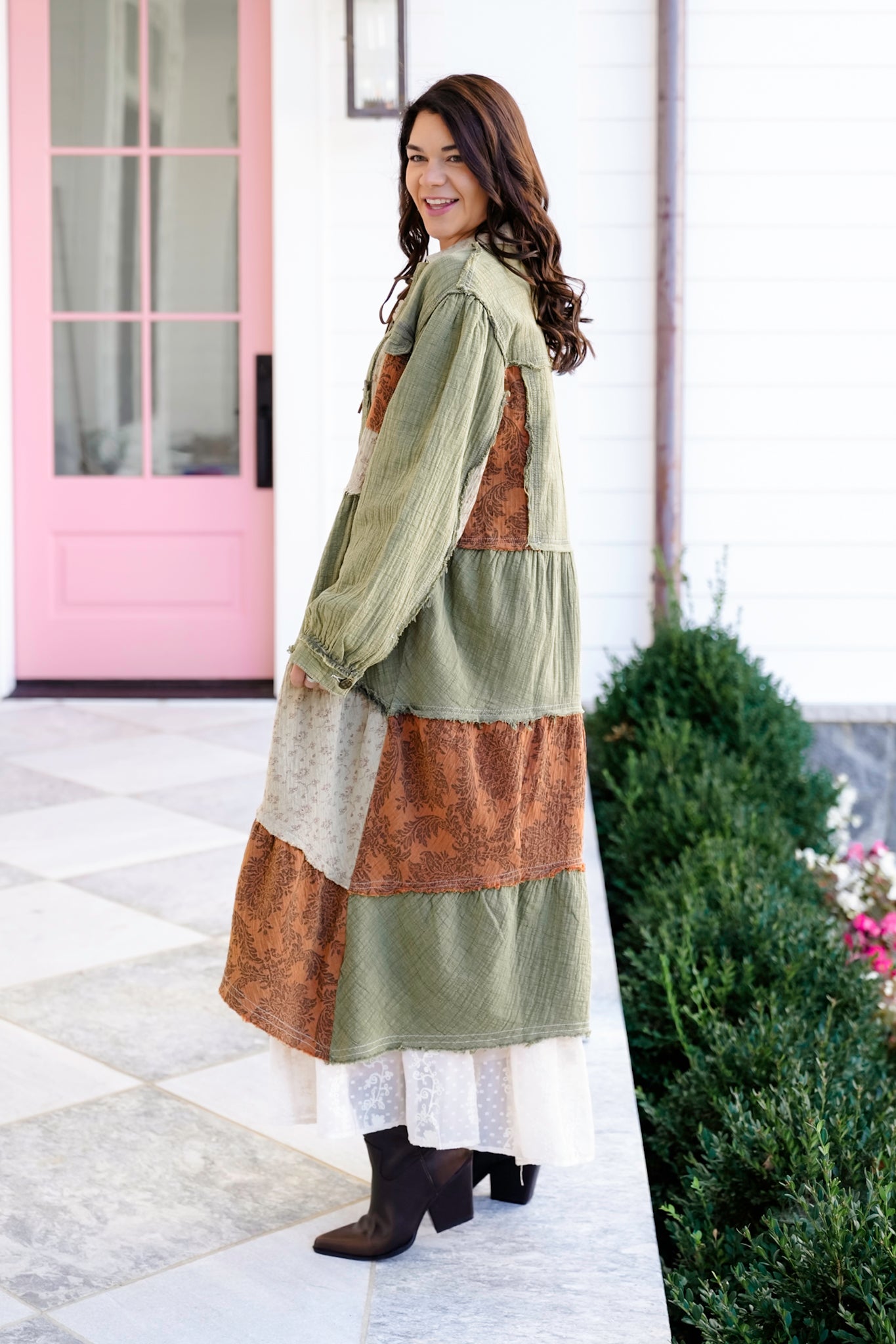 POL Olive Long Sleeve Button Down Knee Length Shacket