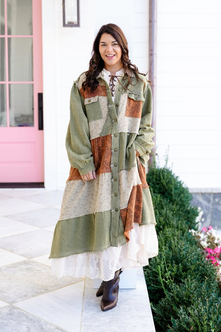 POL Olive Long Sleeve Button Down Knee Length Shacket