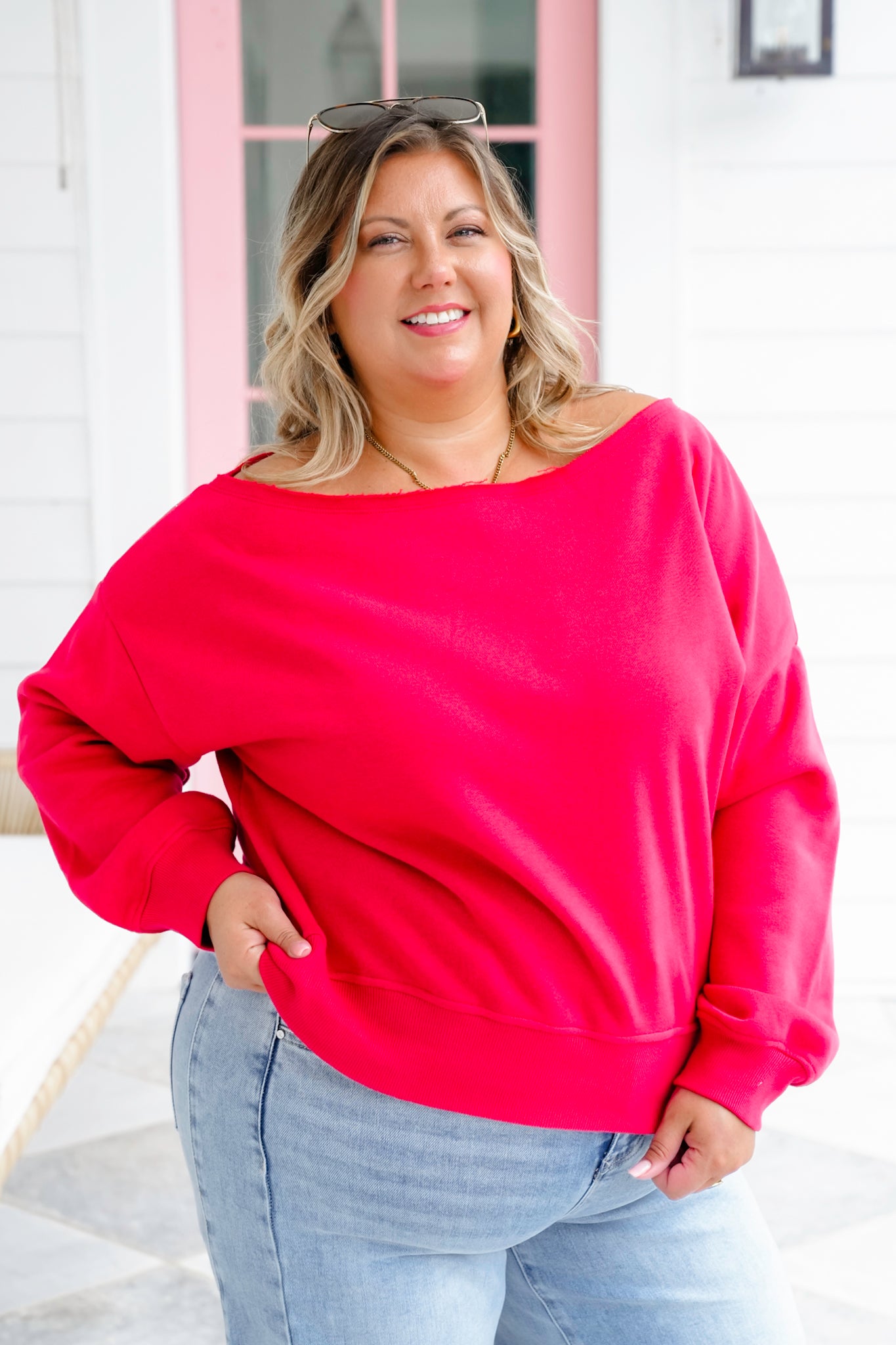 Plus/Reg French Terry Long Sleeve Off Shoulder Top