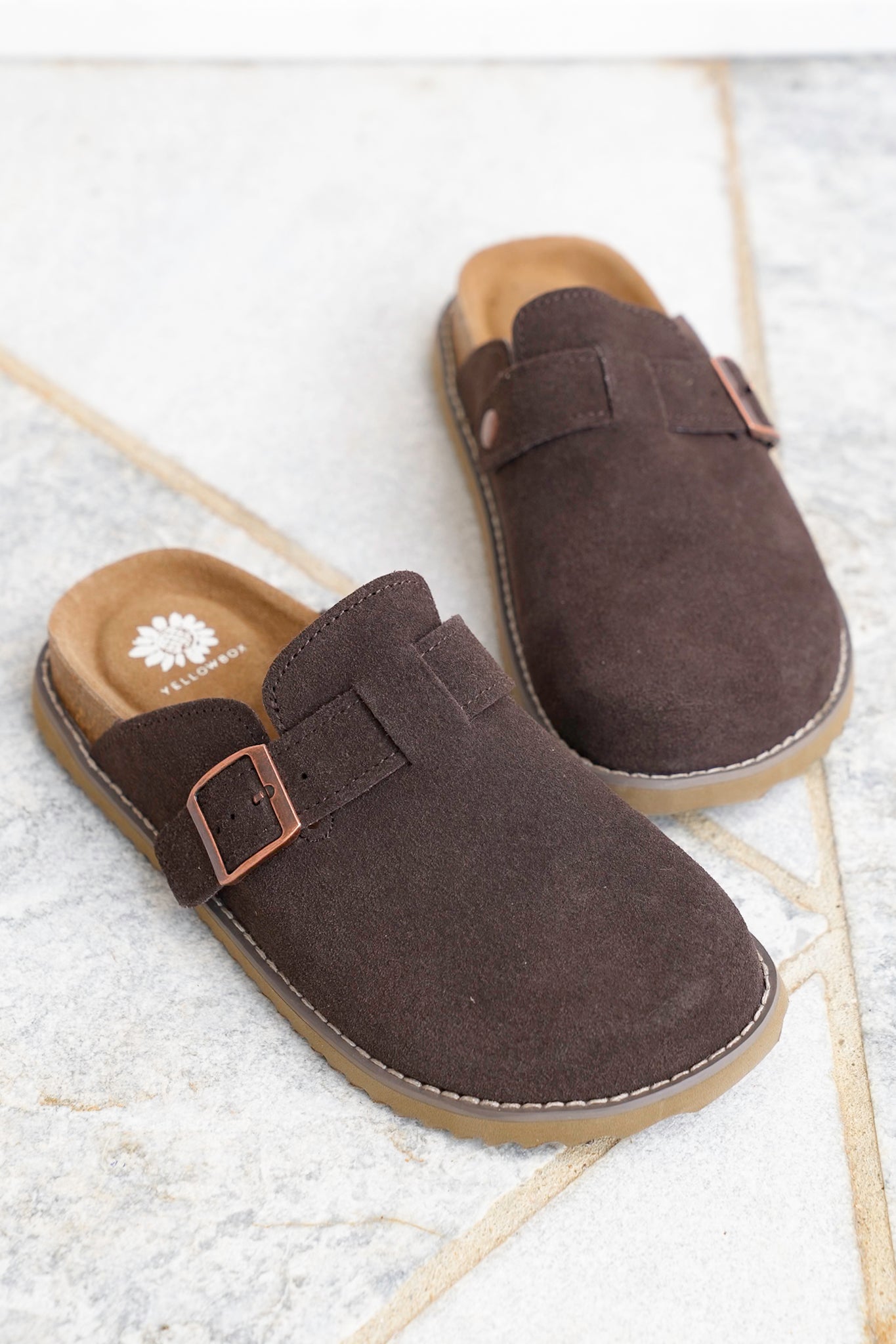 Yellow Box Vegan Suede Slip On Clog with Buckle Strap