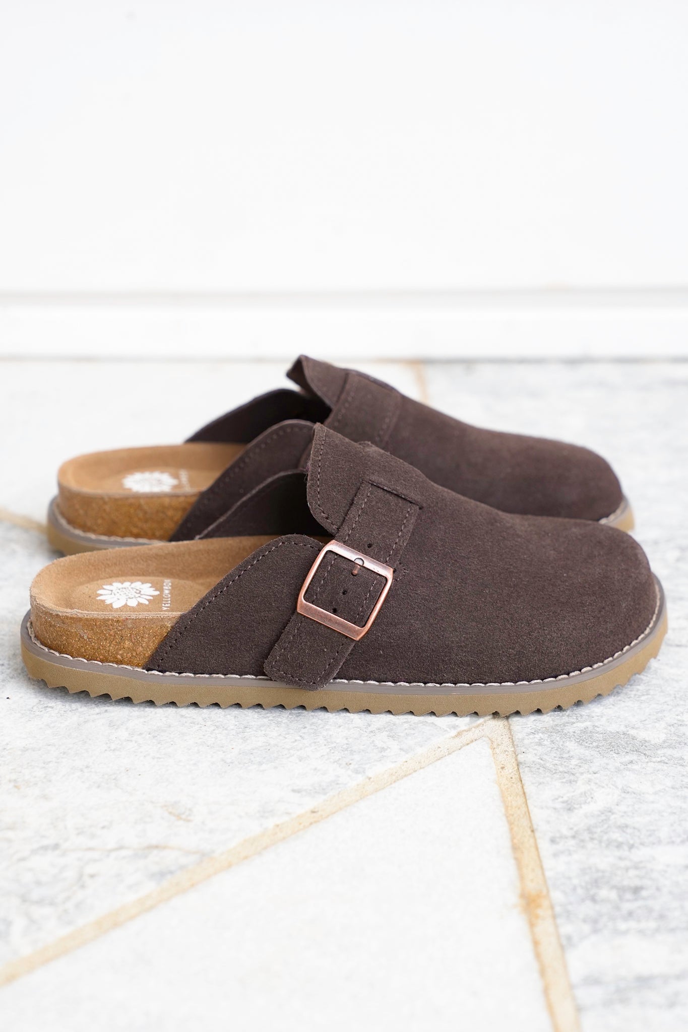 Yellow Box Vegan Suede Slip On Clog with Buckle Strap
