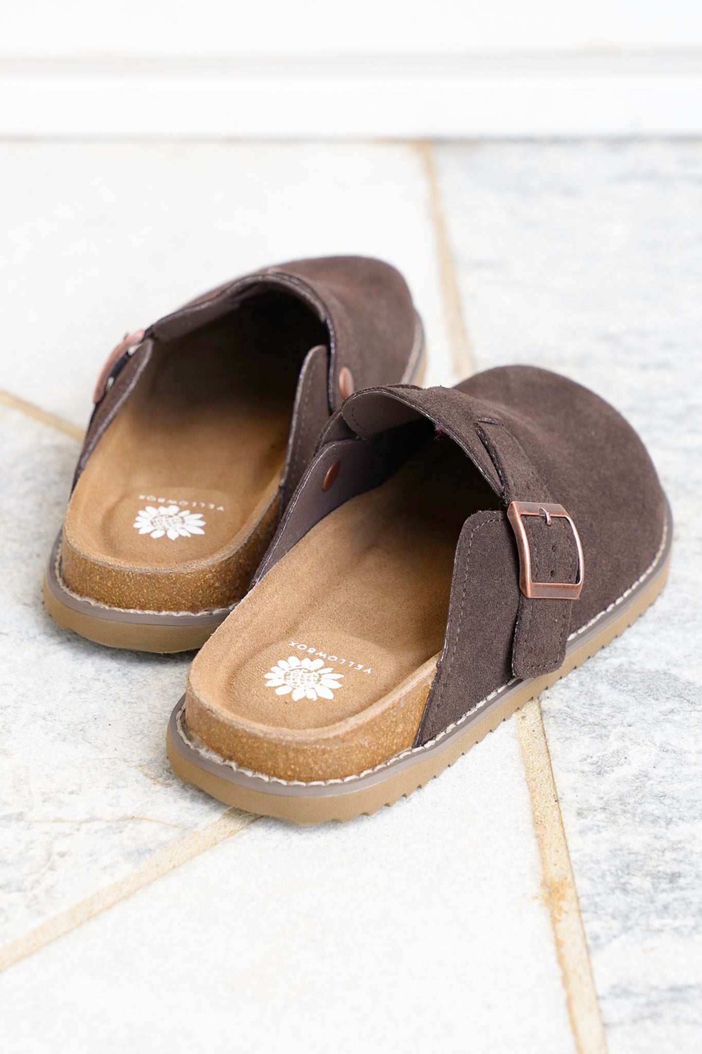 Yellow Box Vegan Suede Slip On Clog with Buckle Strap