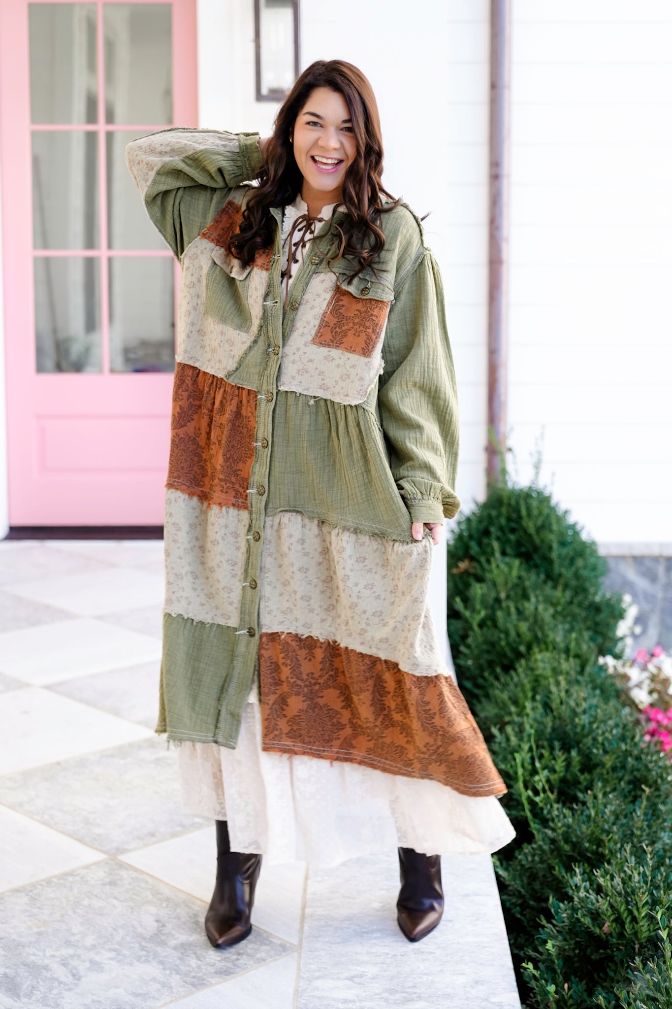 POL Olive Long Sleeve Button Down Knee Length Shacket