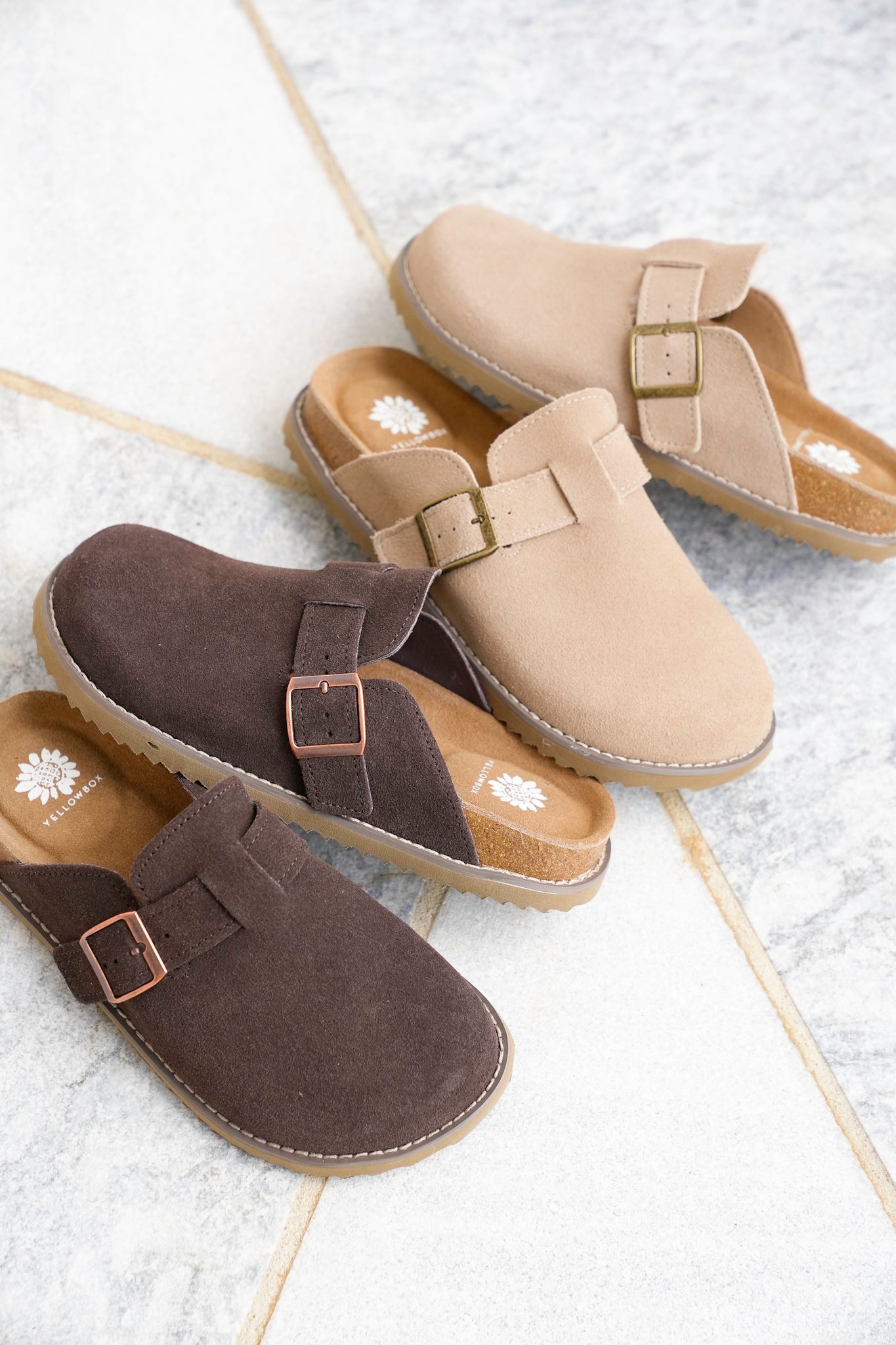Yellow Box Vegan Suede Slip On Clog with Buckle Strap