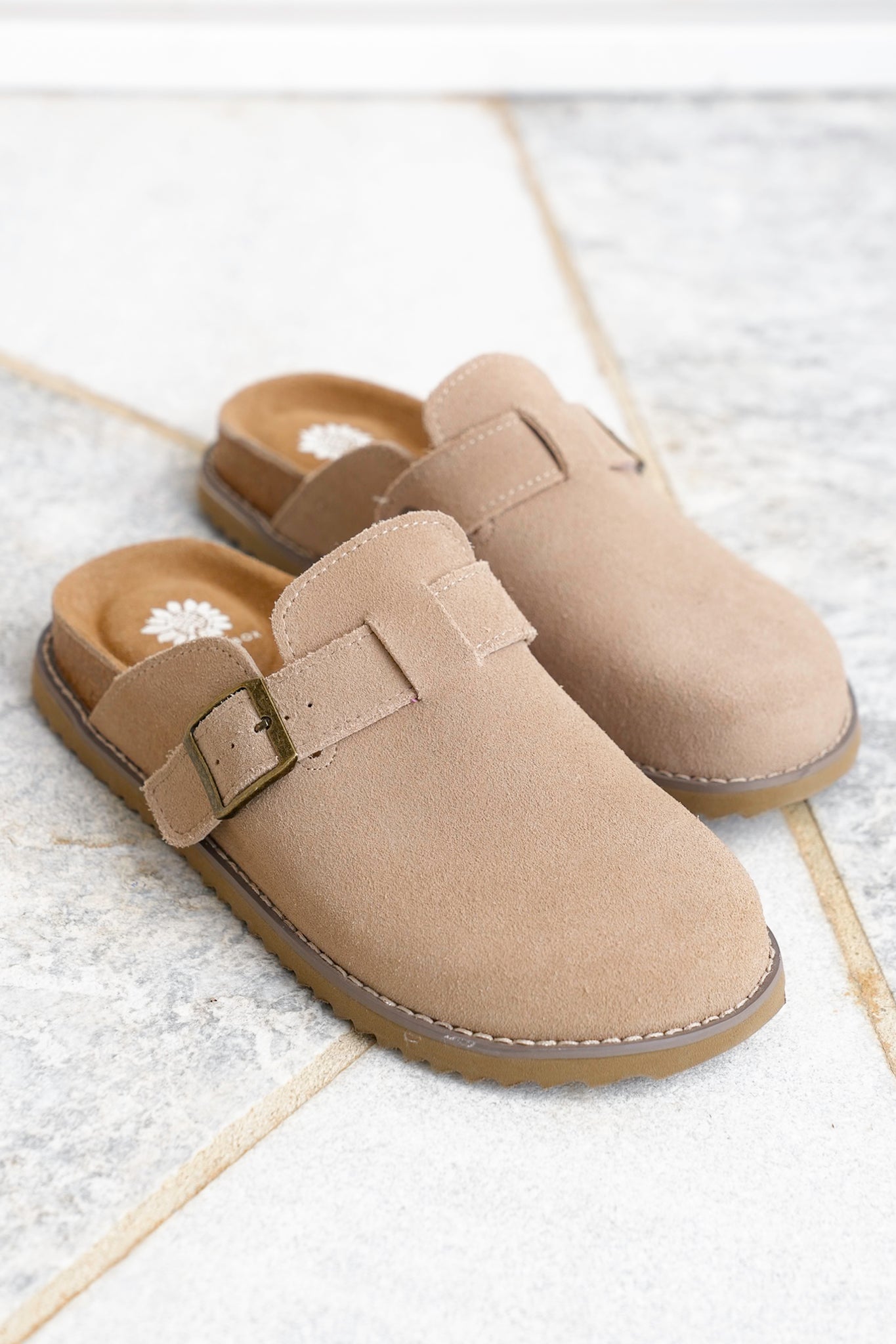 Yellow Box Vegan Suede Slip On Clog with Buckle Strap