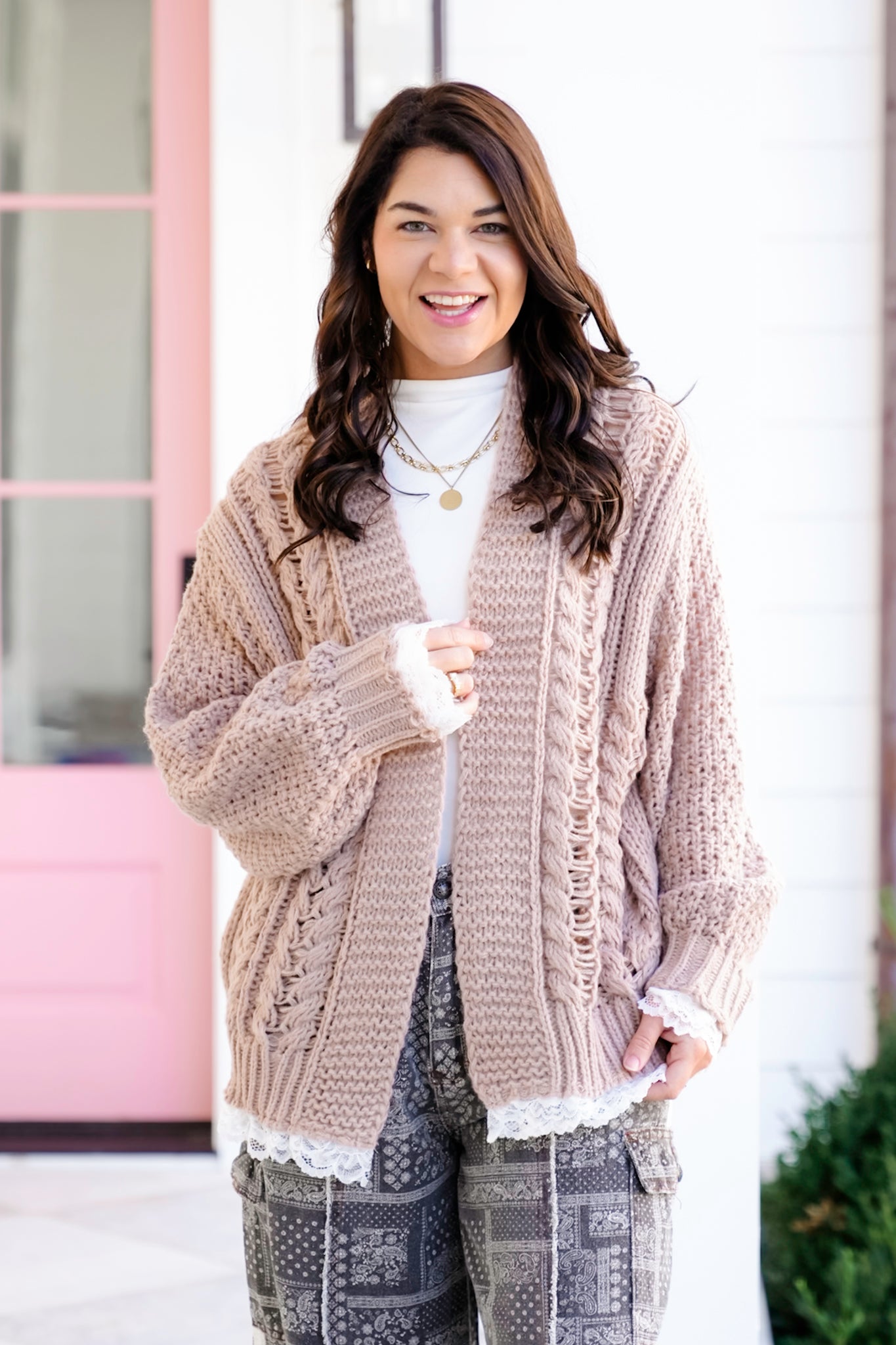 POL Beige Long Sleeve Open Cardigan with Lace Trim