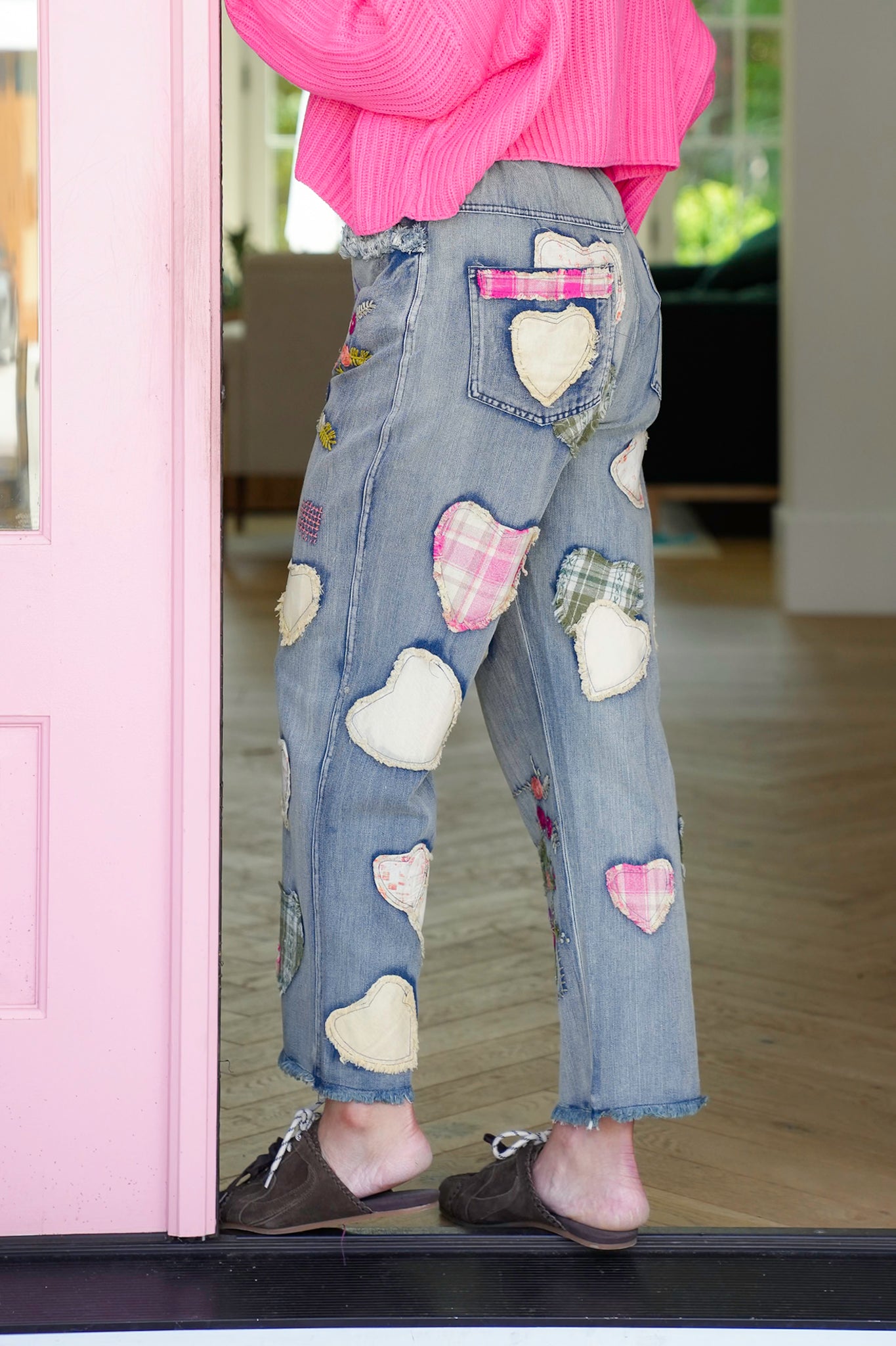Denim Relaxed Fit Jeans with Embroidered Patchwork Detail