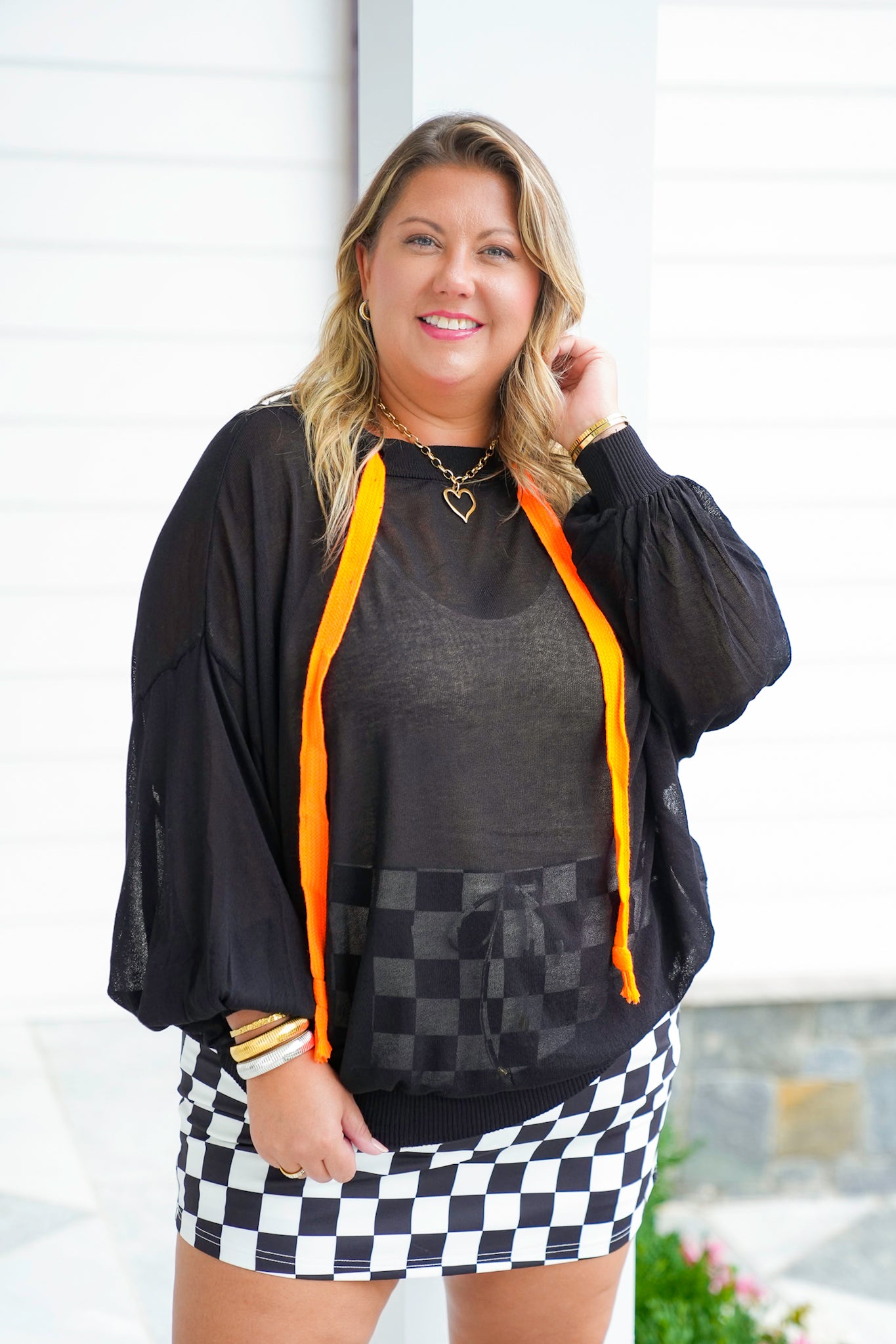 Solid Long Sleeve Knit Top with Drawstring Neck Detail