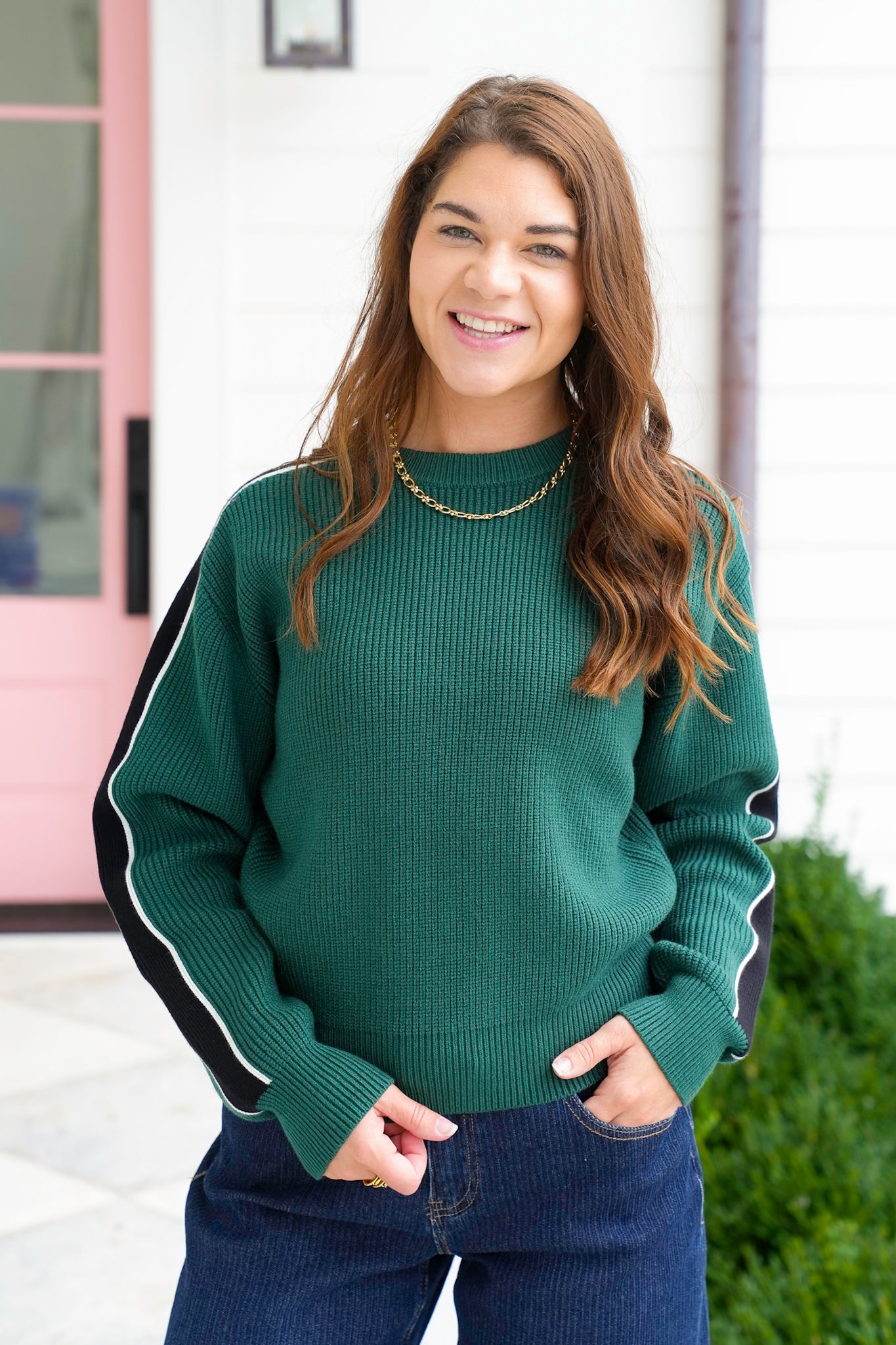 Plus/Reg Green Knit Long Stripe Sleeve Pullover Sweater