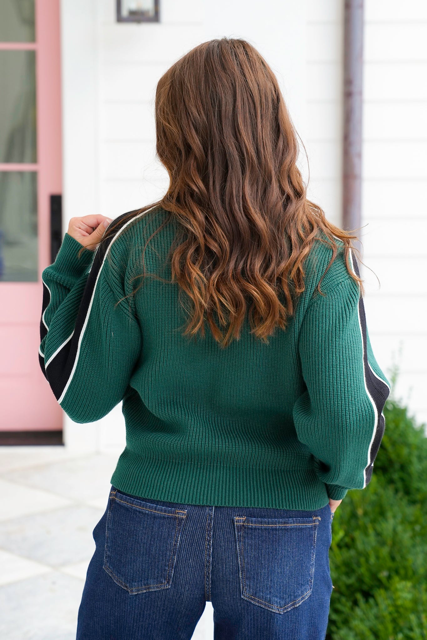 Plus/Reg Green Knit Long Stripe Sleeve Pullover Sweater