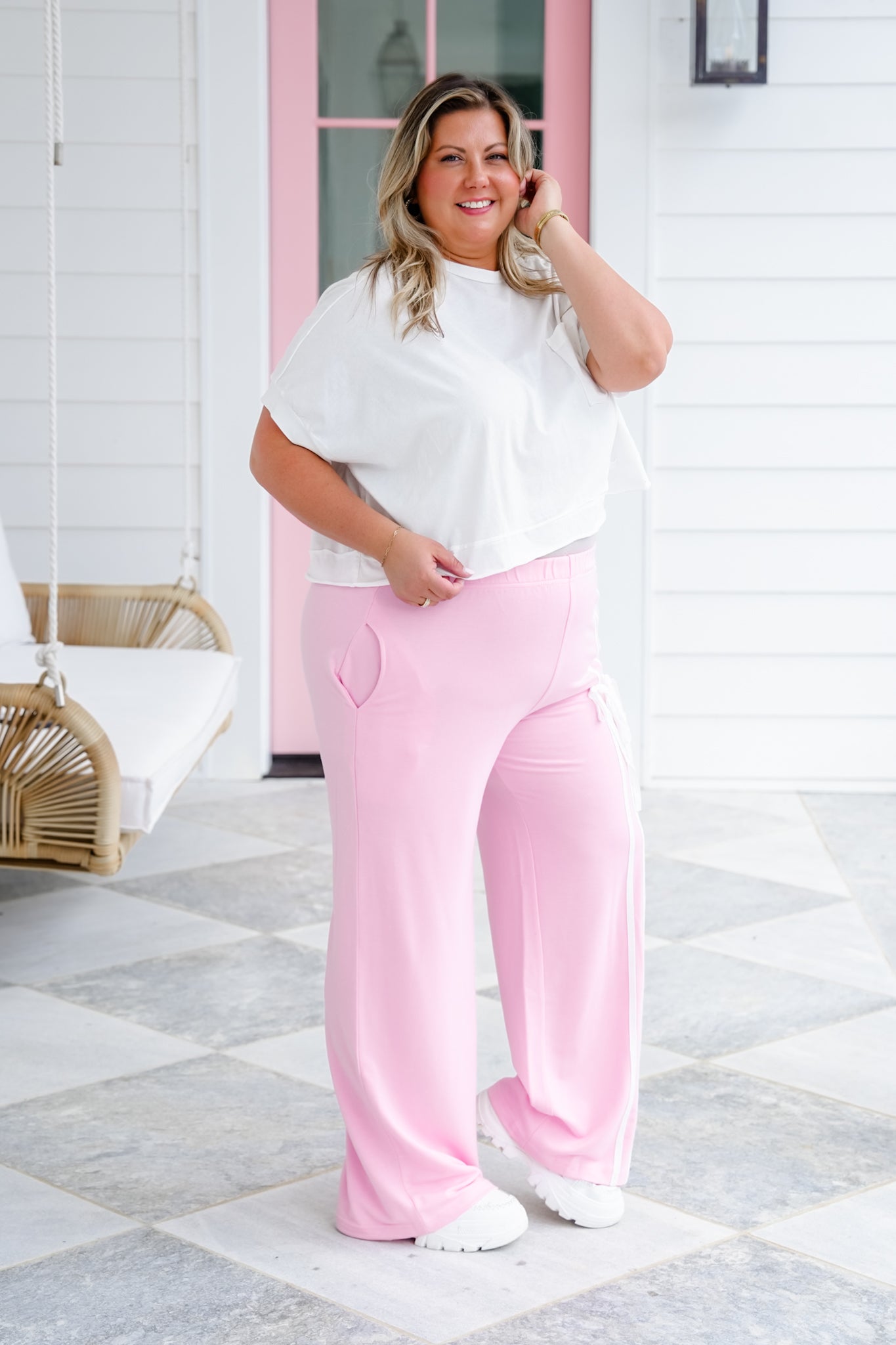 Pink Elastic Waistband Pants With One Sided Bow Detail