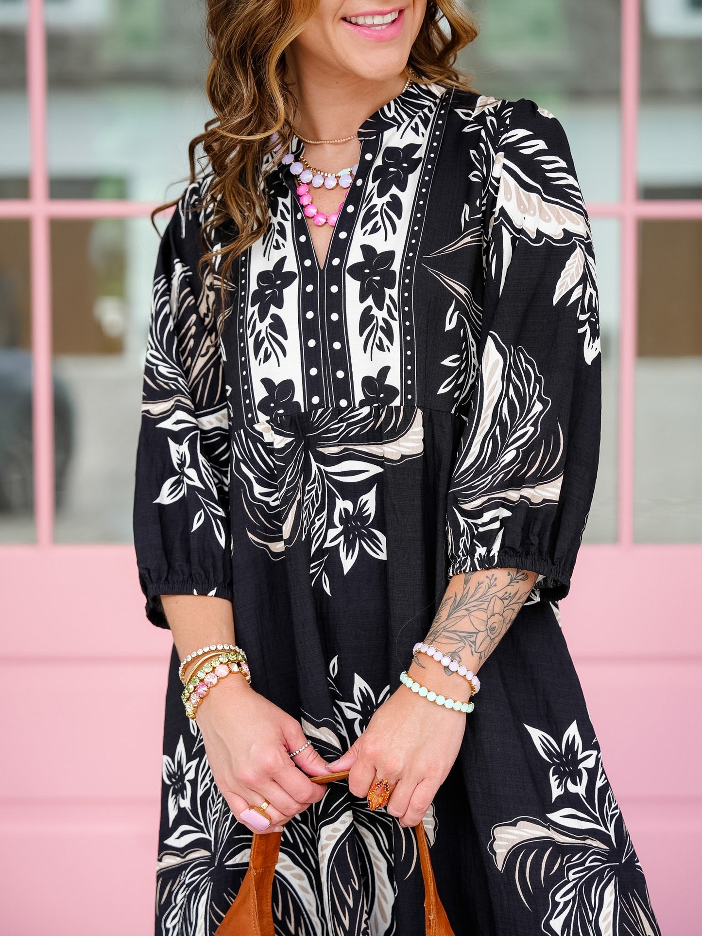 Plus/Reg Botanical Print 3/4 Sleeve Midi Dress With Side Pockets