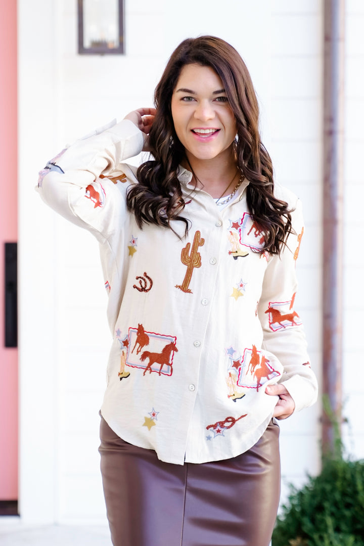 Western Embroidered Long Sleeve Button Down Top
