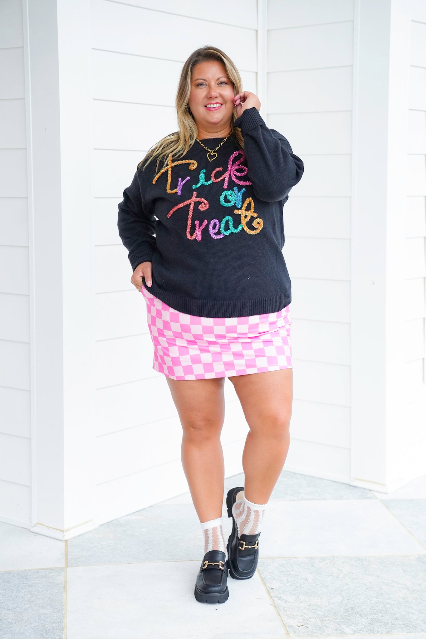 Long Sleeve "Trick Or Treat" Tinsel Pullover Sweater