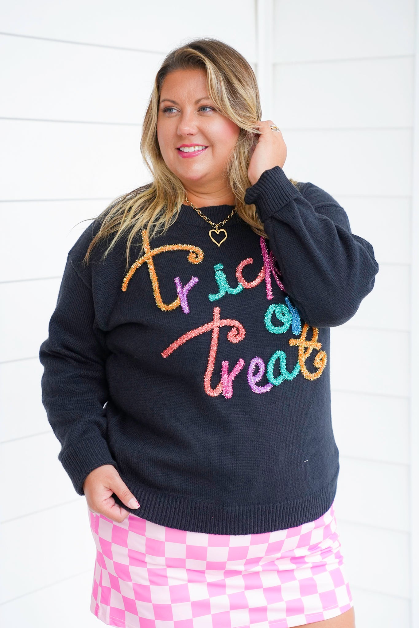 Long Sleeve "Trick Or Treat" Tinsel Pullover Sweater