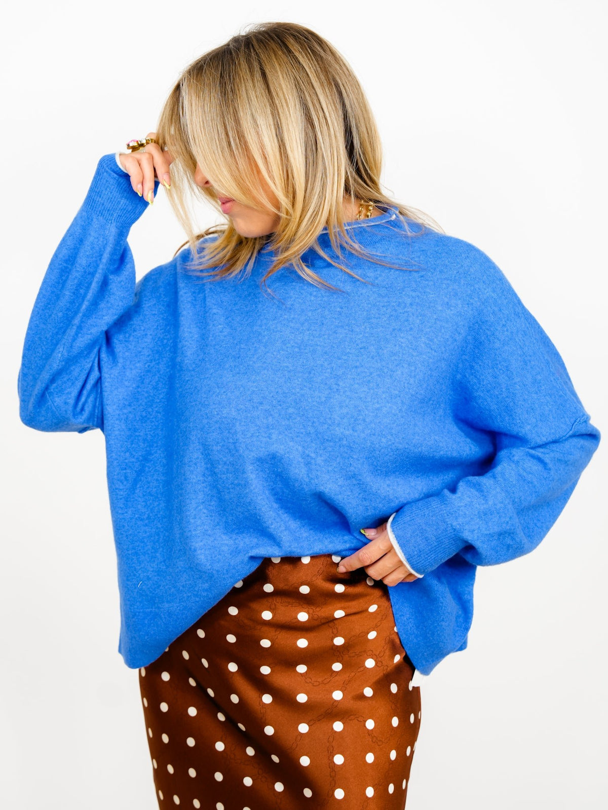 Blue Long Sleeve Mock Neck Pullover Sweater - Freckled Poppy