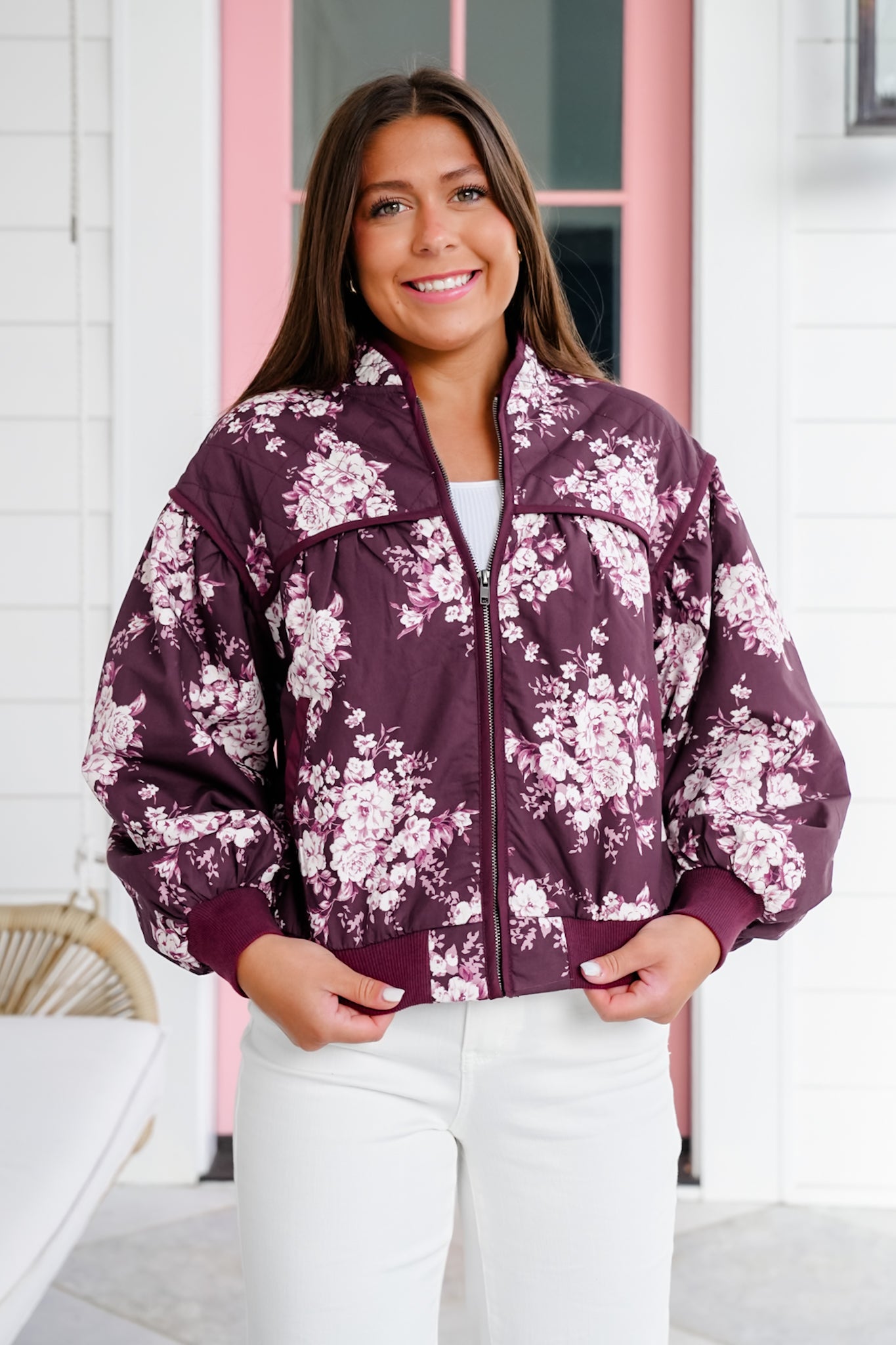 Quilted Floral Long Sleeve Zip Up Bomber Jacket