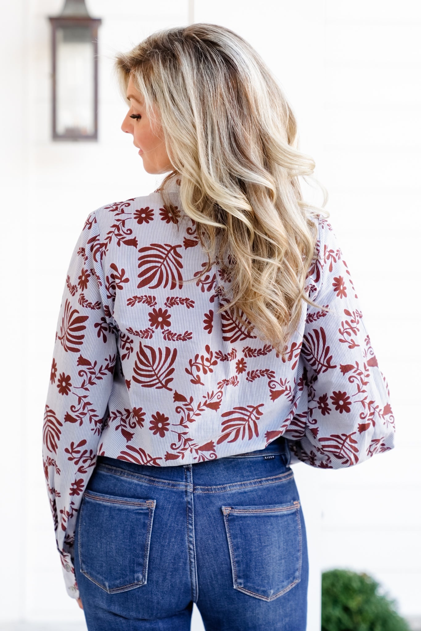 Plus/Reg Floral and Stripe Long Sleeve Button Down Woven Top