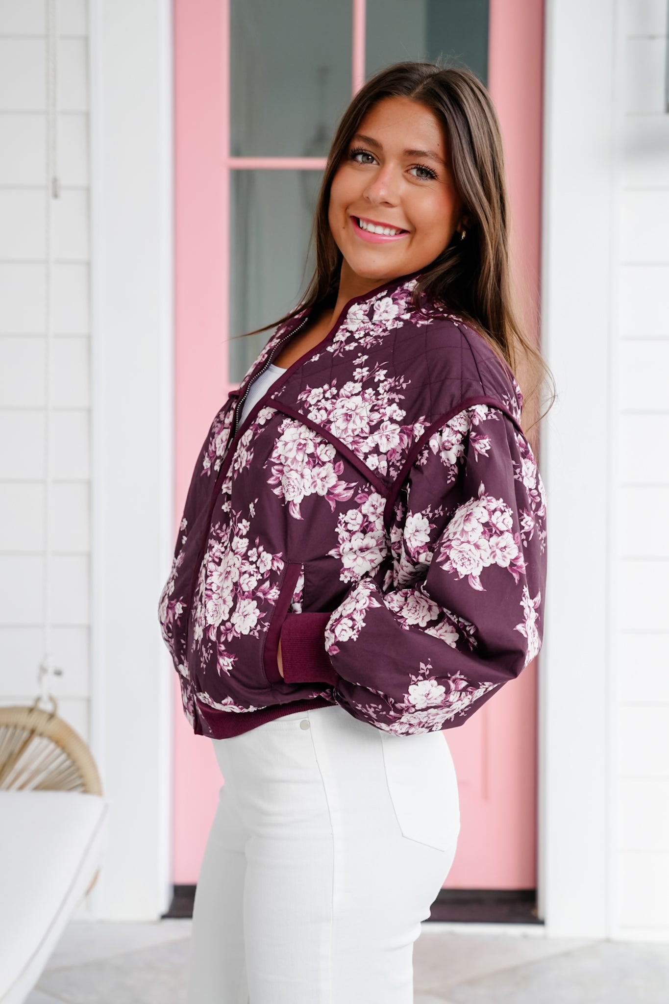 Quilted Floral Long Sleeve Zip Up Bomber Jacket