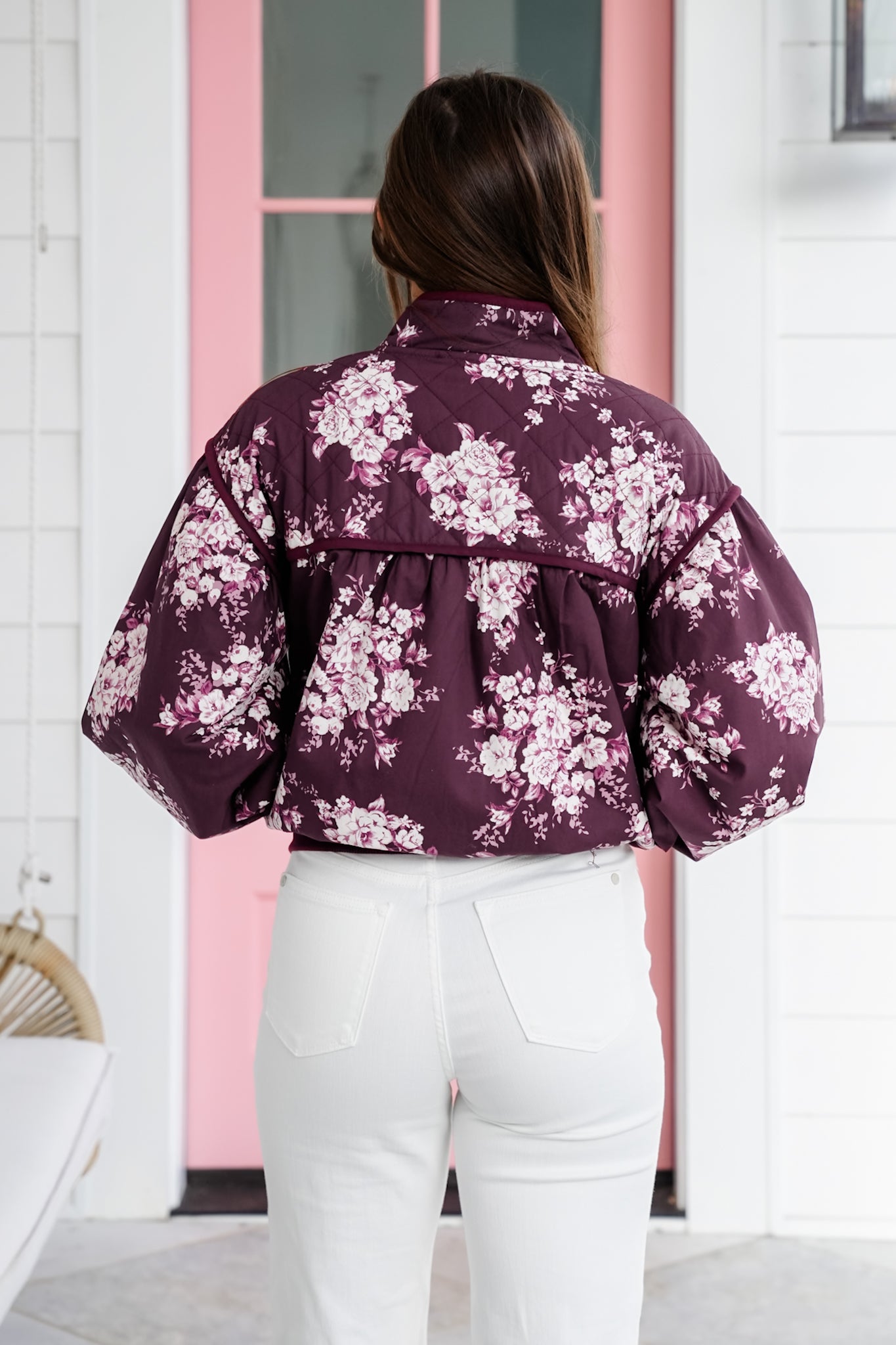 Quilted Floral Long Sleeve Zip Up Bomber Jacket
