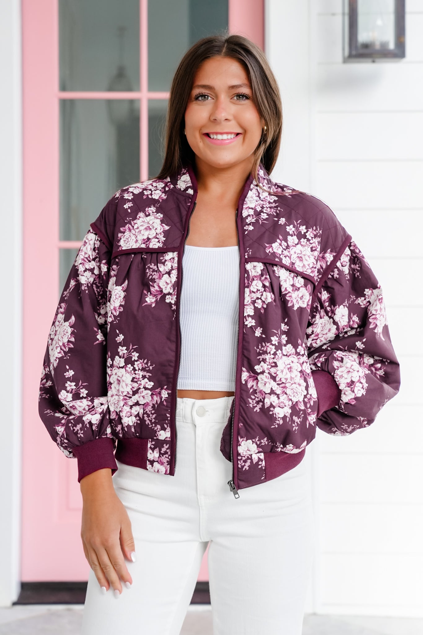 Quilted Floral Long Sleeve Zip Up Bomber Jacket