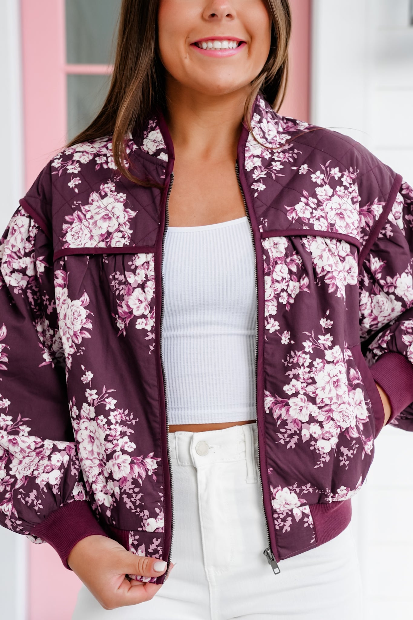 Quilted Floral Long Sleeve Zip Up Bomber Jacket