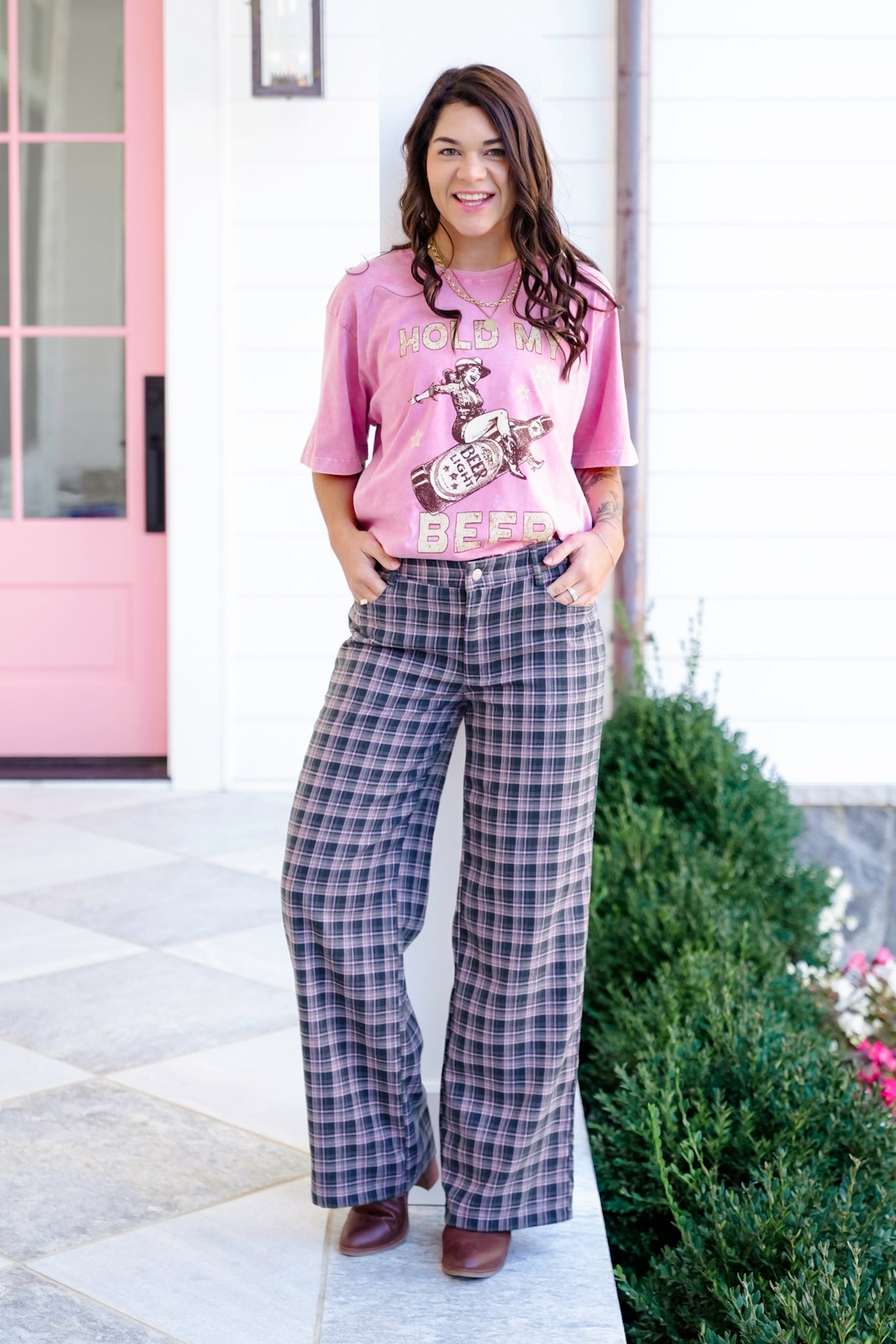 Green and Pink Plaid Wide Leg Pants