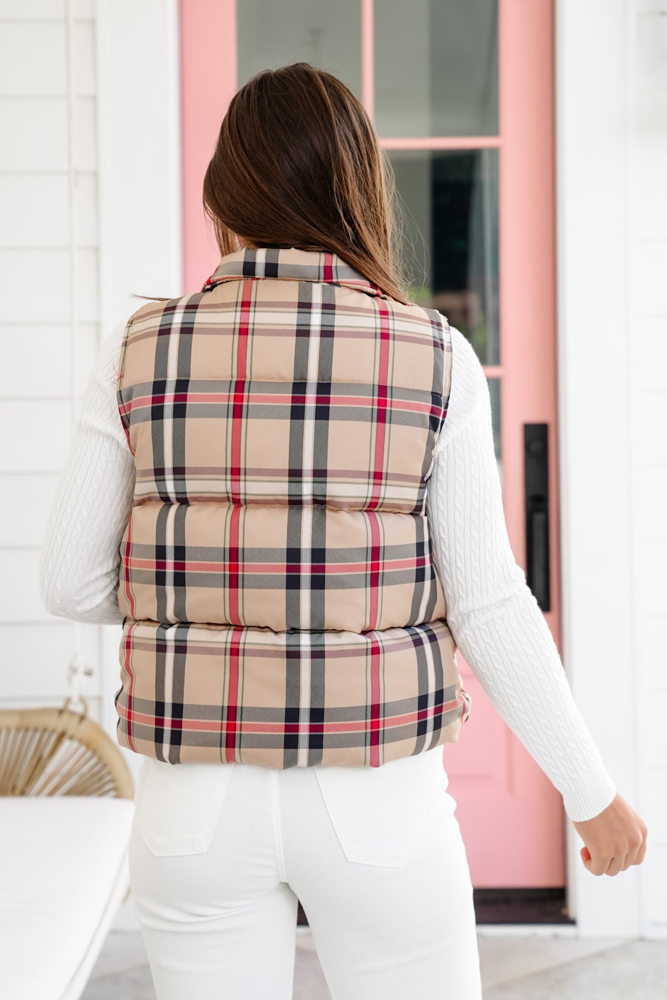 Plaid Zip Up Puffer Vest with Front Flap Pockets