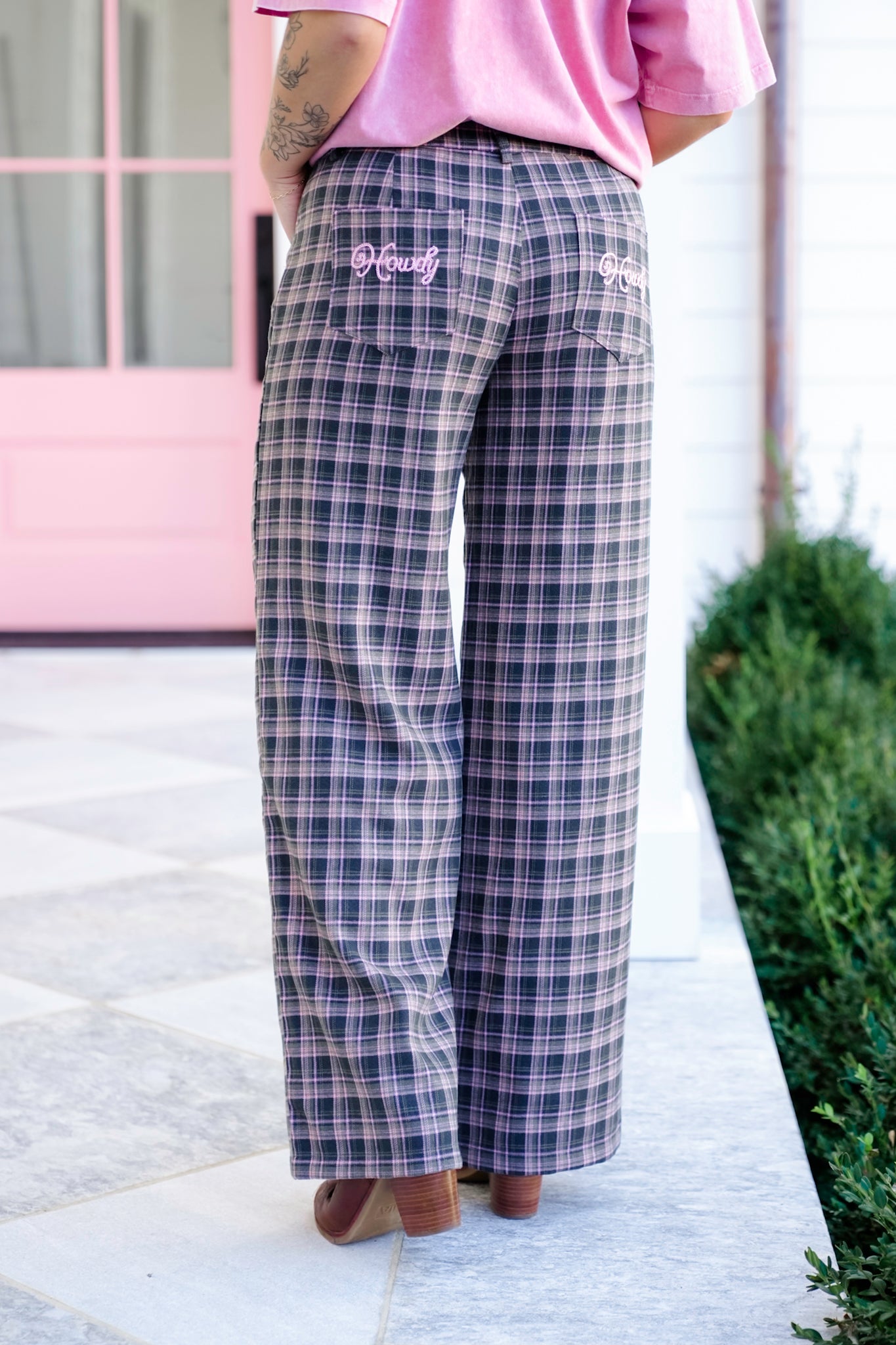 Green and Pink Plaid Wide Leg Pants
