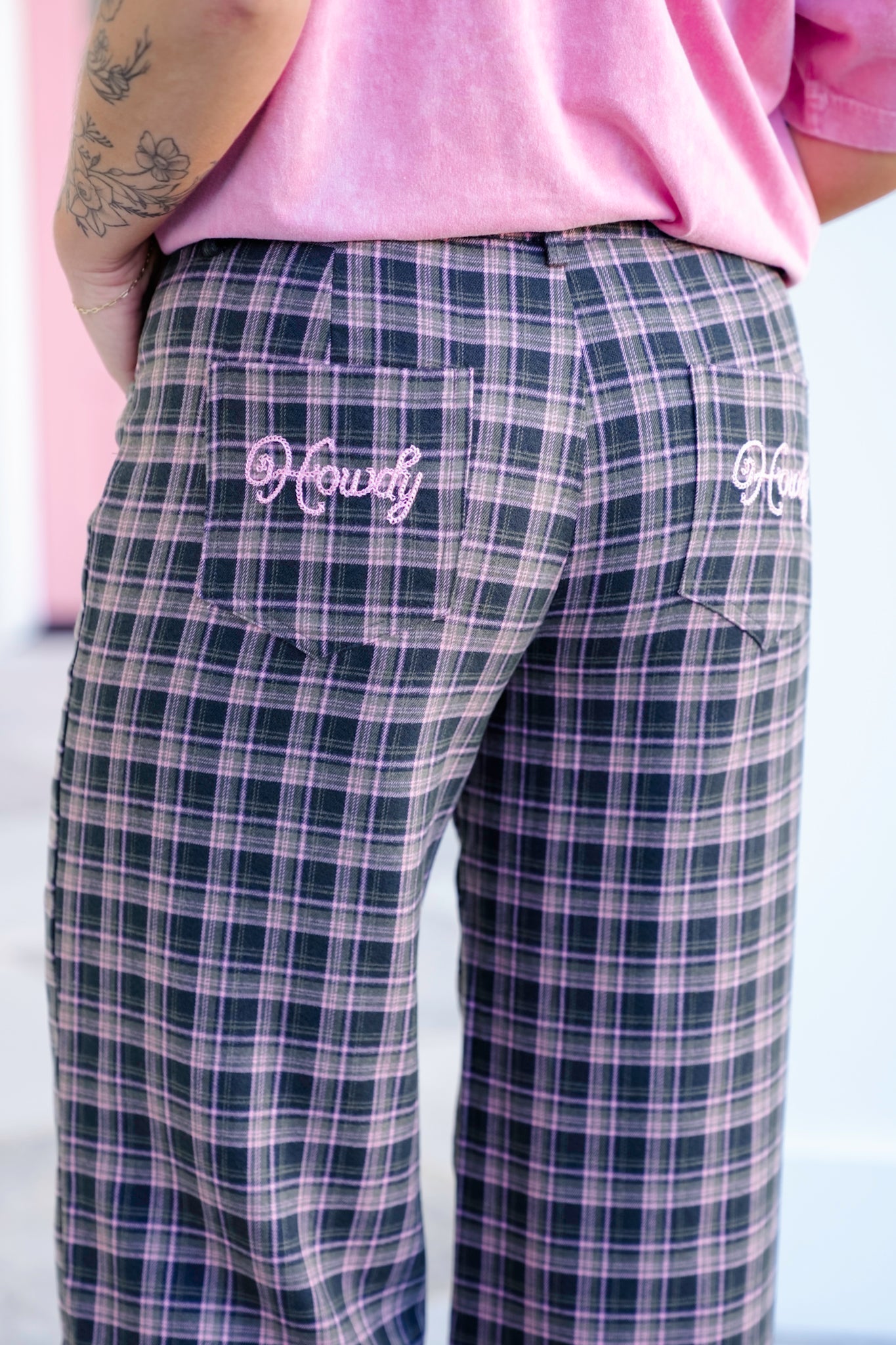 Green and Pink Plaid Wide Leg Pants
