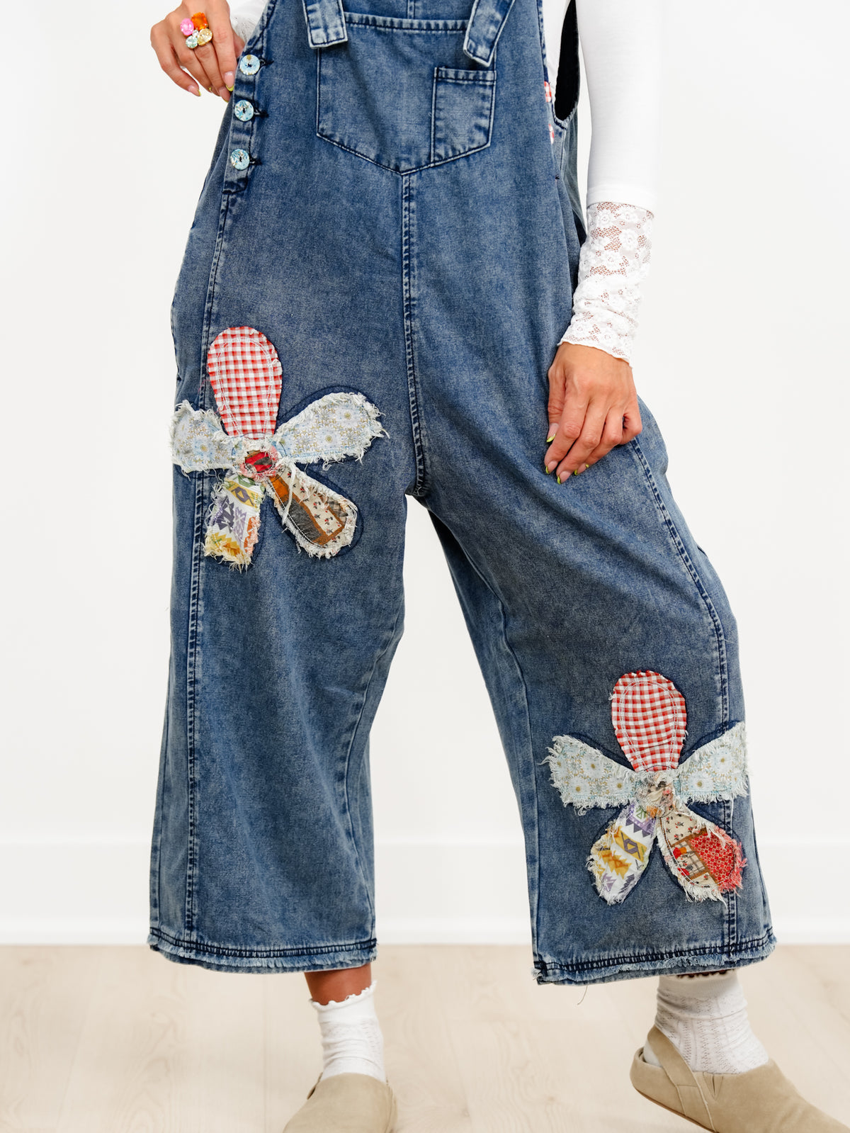 Dark Wash Overalls with Floral Patch Detail - Freckled Poppy