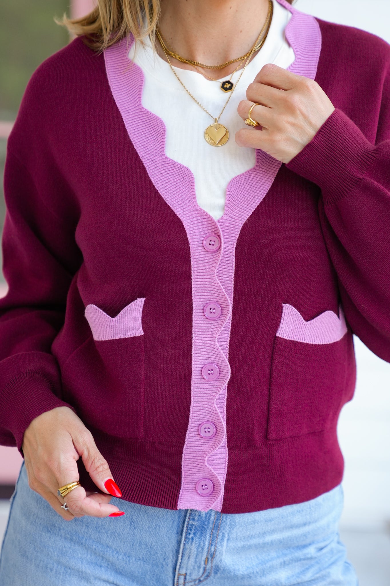 Contrast Trim Long Sleeve Button Down Cardigan
