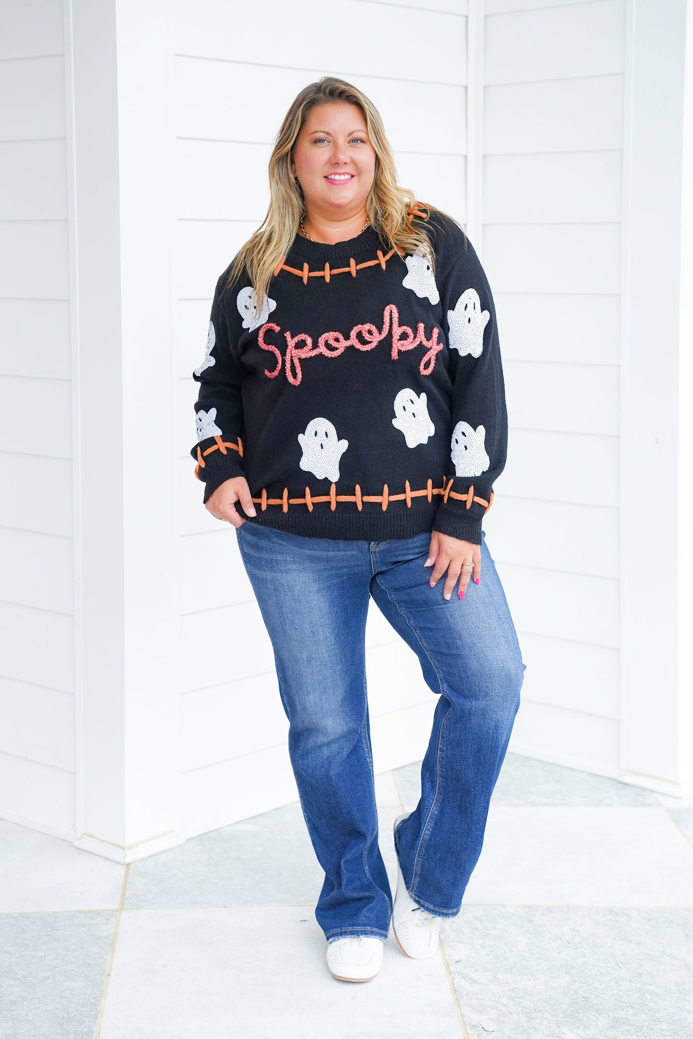 Restock! Halloween Long Sleeve Sweater with Tinsel "Spooky" and Sequin Ghost Detail