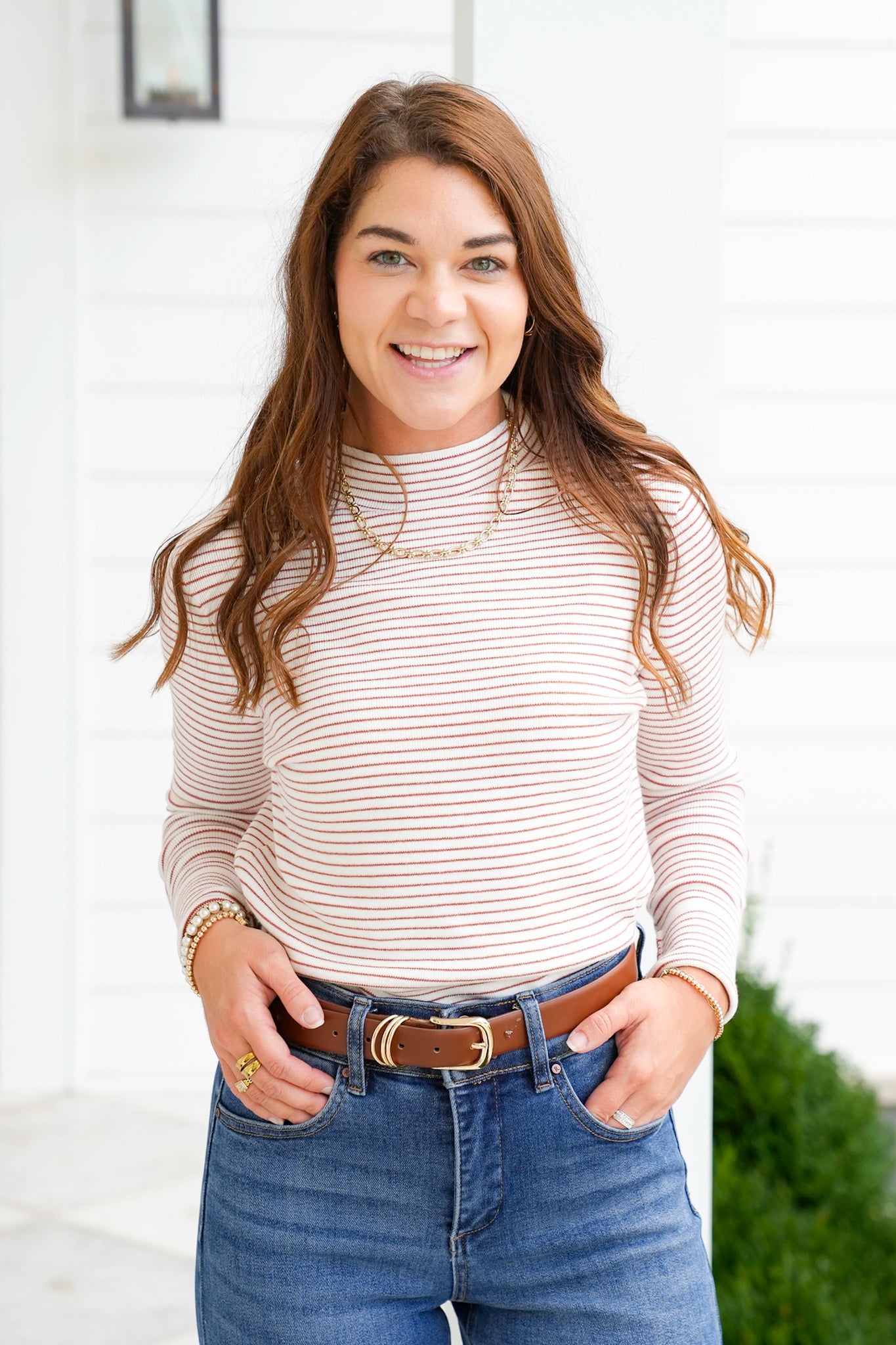 Pinstripe Long Sleeve Mock Neck Pullover Top
